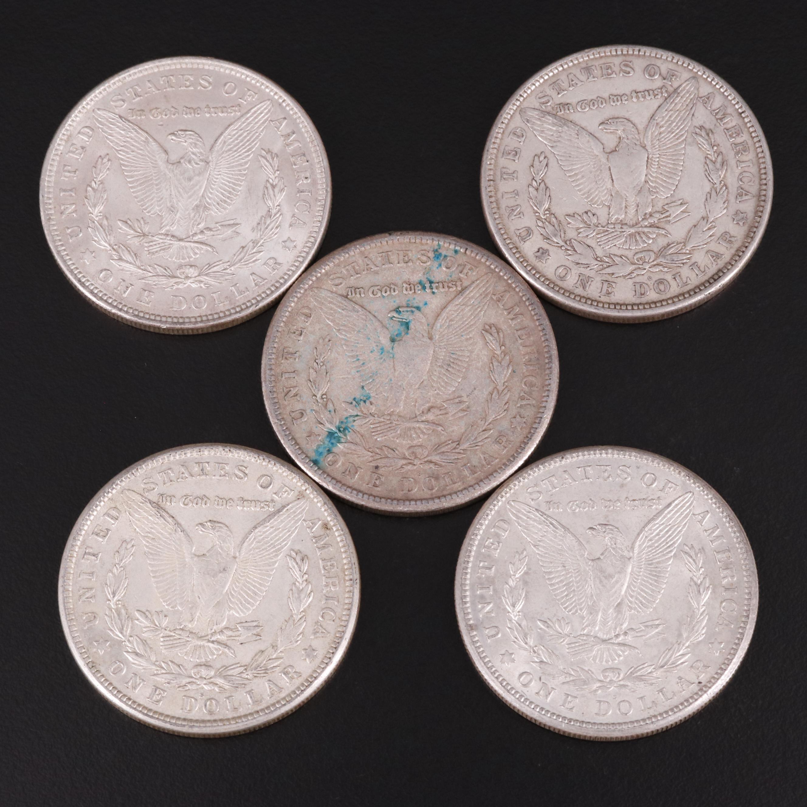 Five 1921 Morgan Silver Dollars