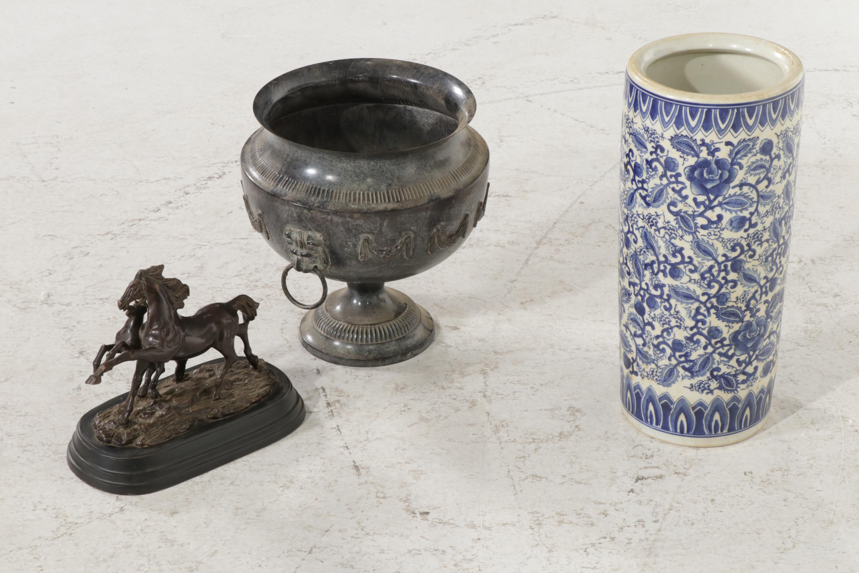 Blue and White Ceramic Umbrella Stand, Bombay Jardiniere, Metal Horses Figurine