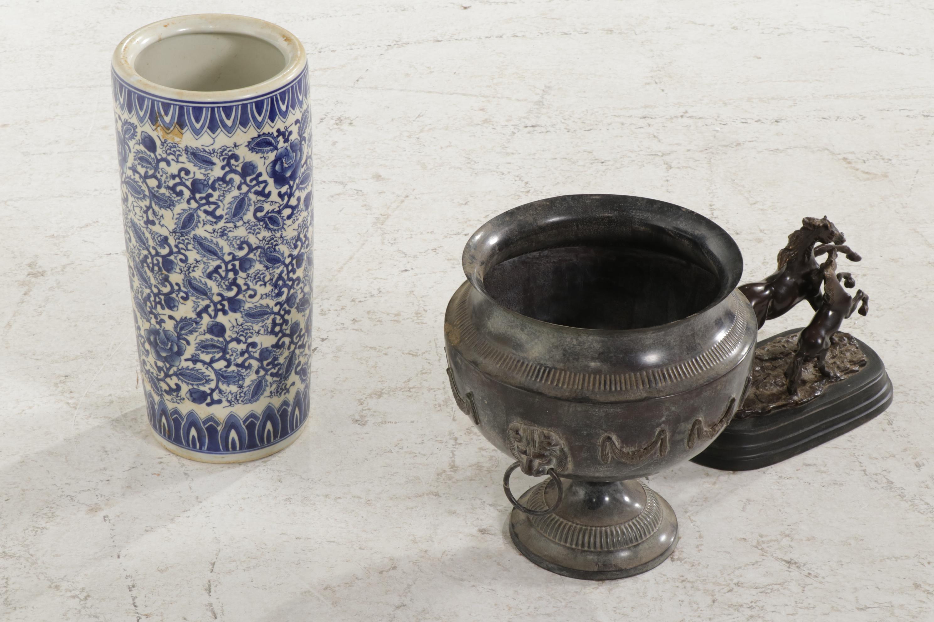 Blue and White Ceramic Umbrella Stand, Bombay Jardiniere, Metal Horses Figurine