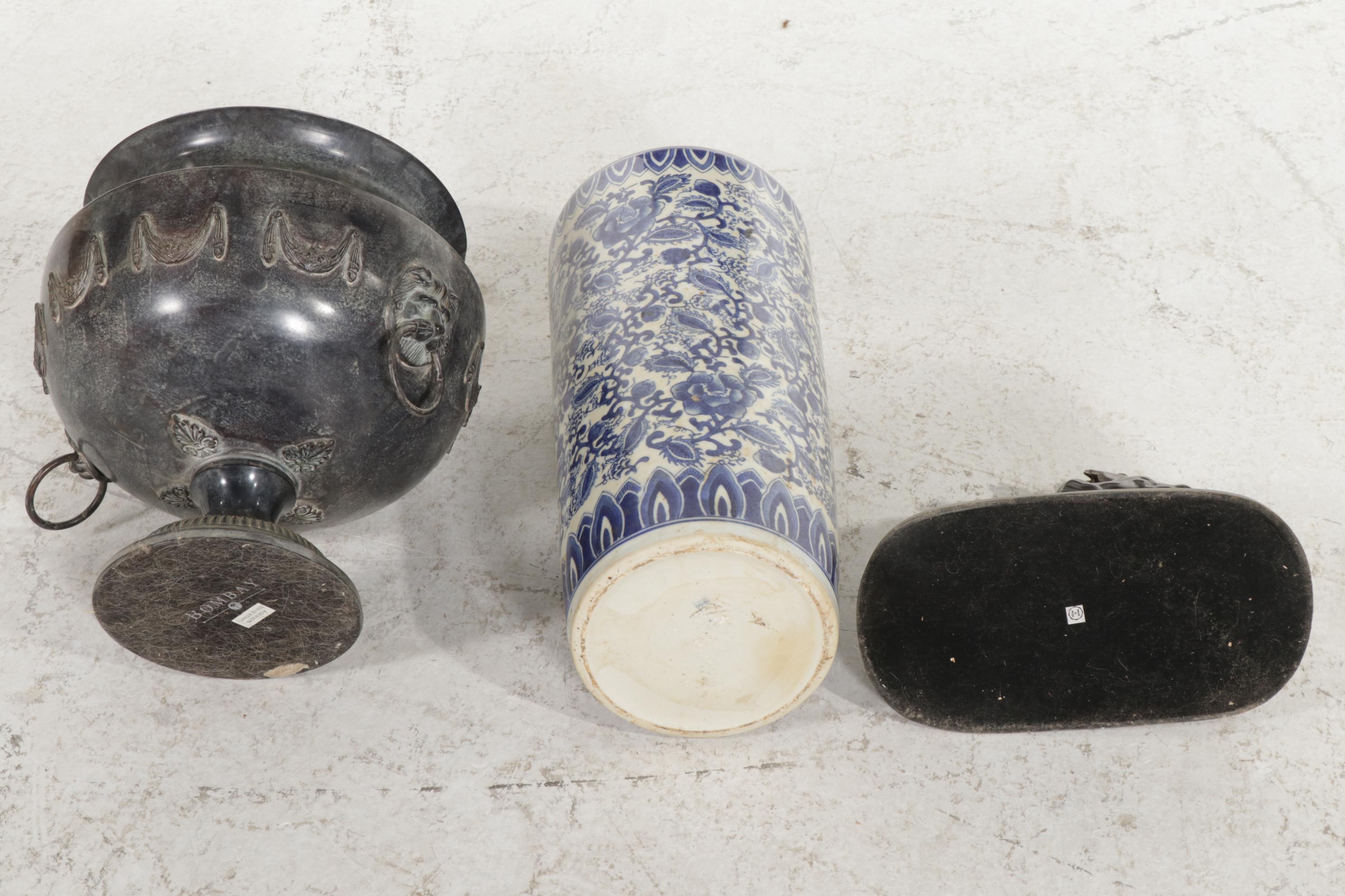 Blue and White Ceramic Umbrella Stand, Bombay Jardiniere, Metal Horses Figurine