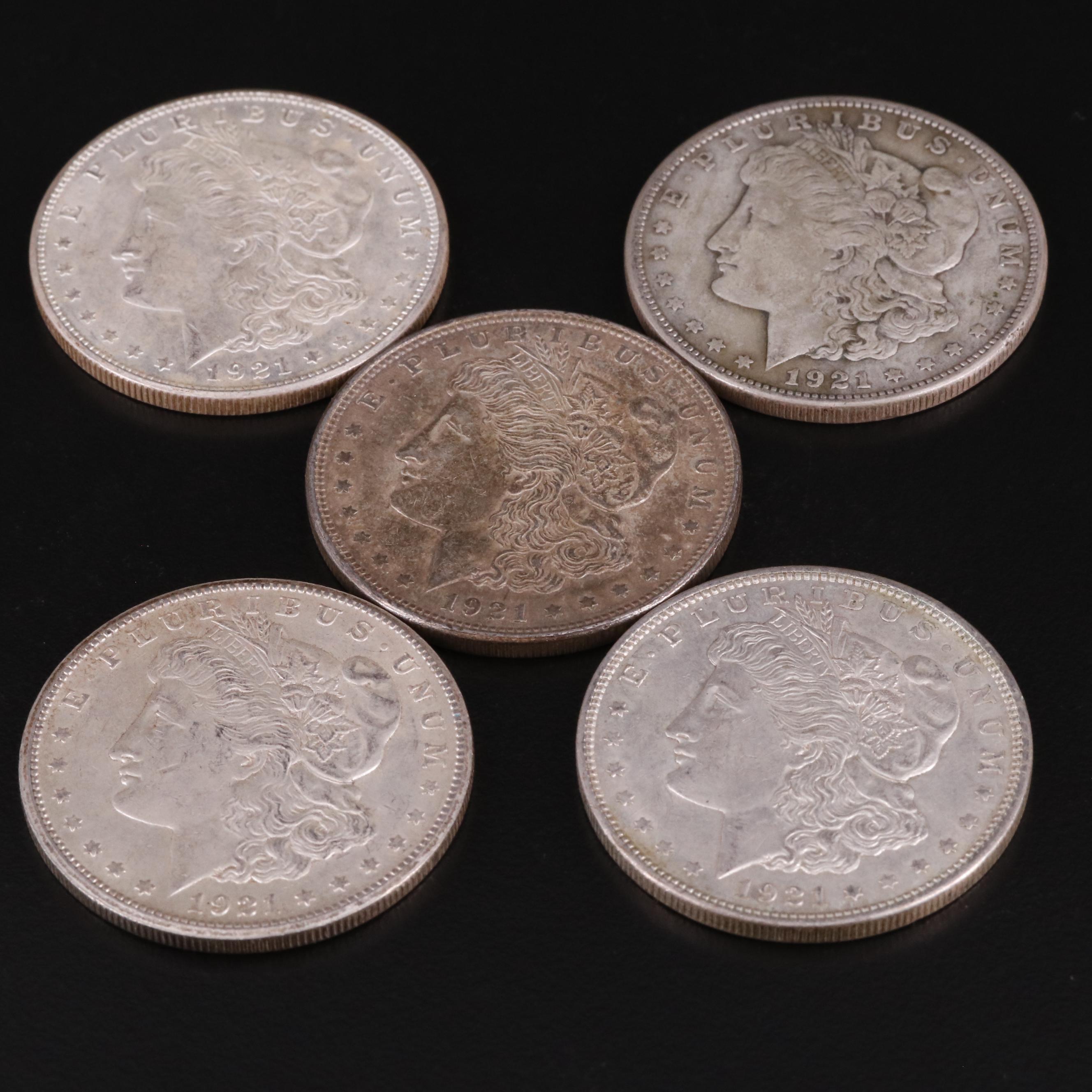 Five 1921 Morgan Silver Dollars