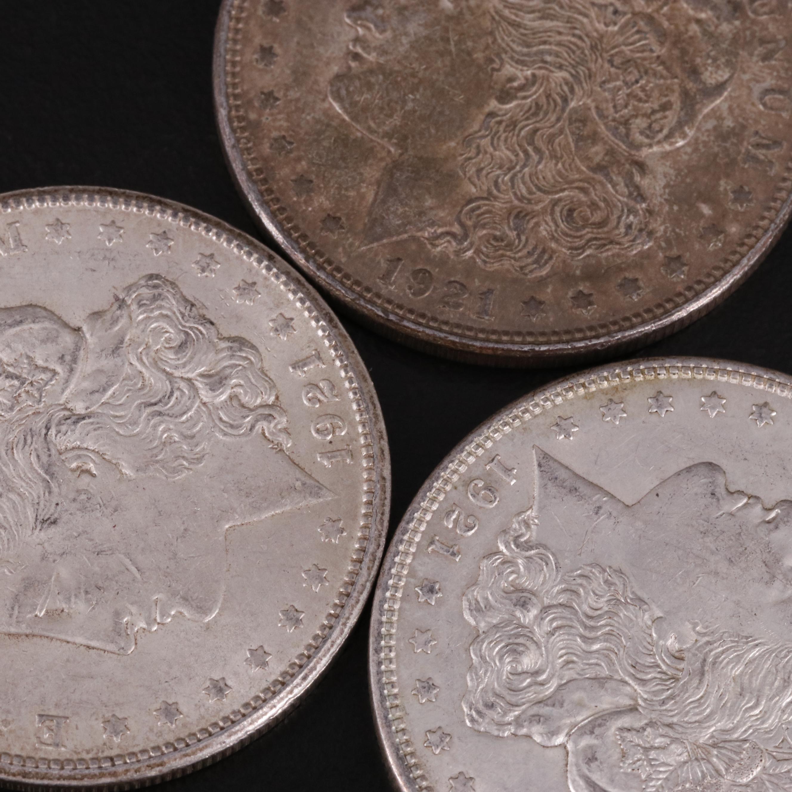 Five 1921 Morgan Silver Dollars