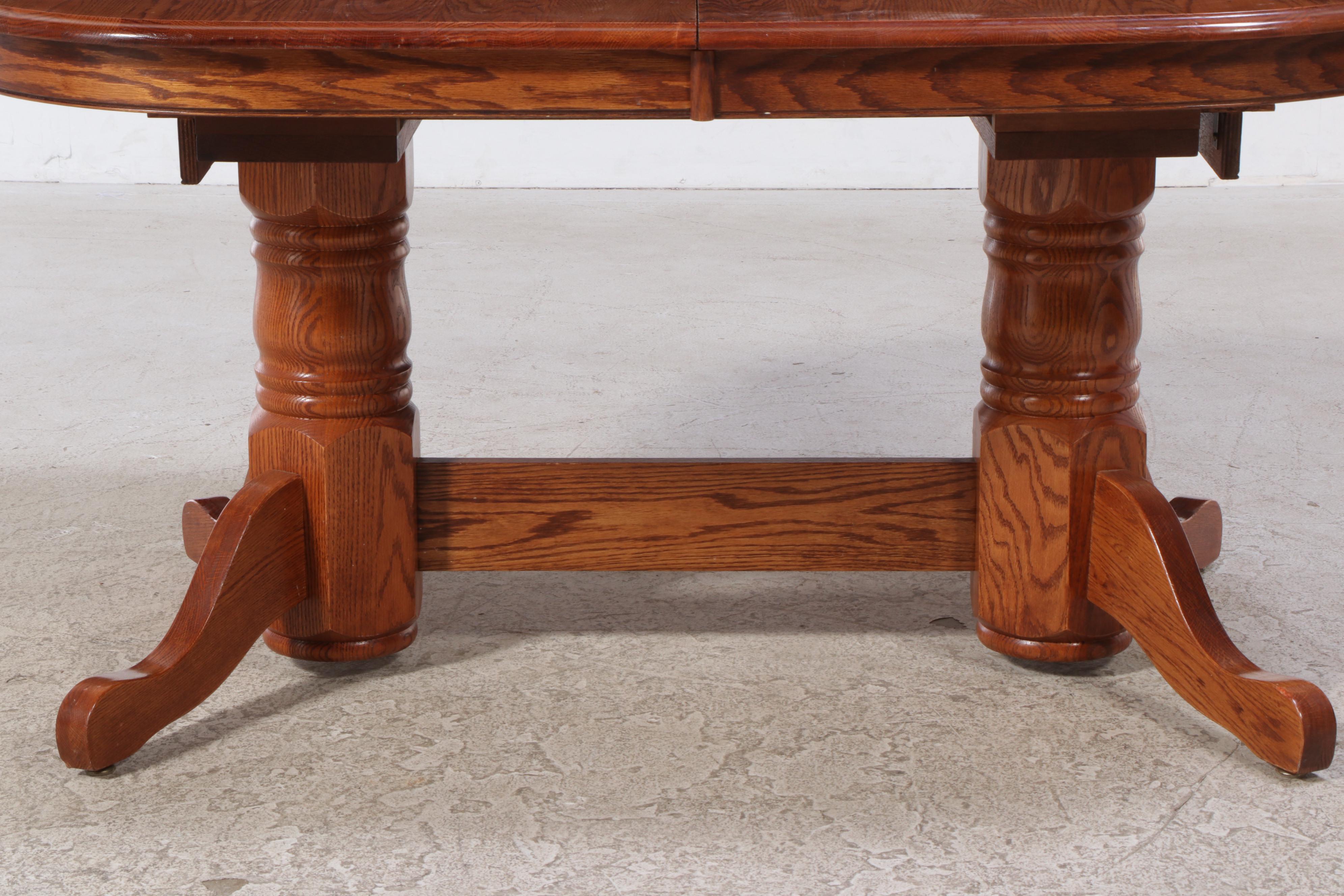 Intercon Oak Pedestal Dining Table and Six Windsor Style Chairs