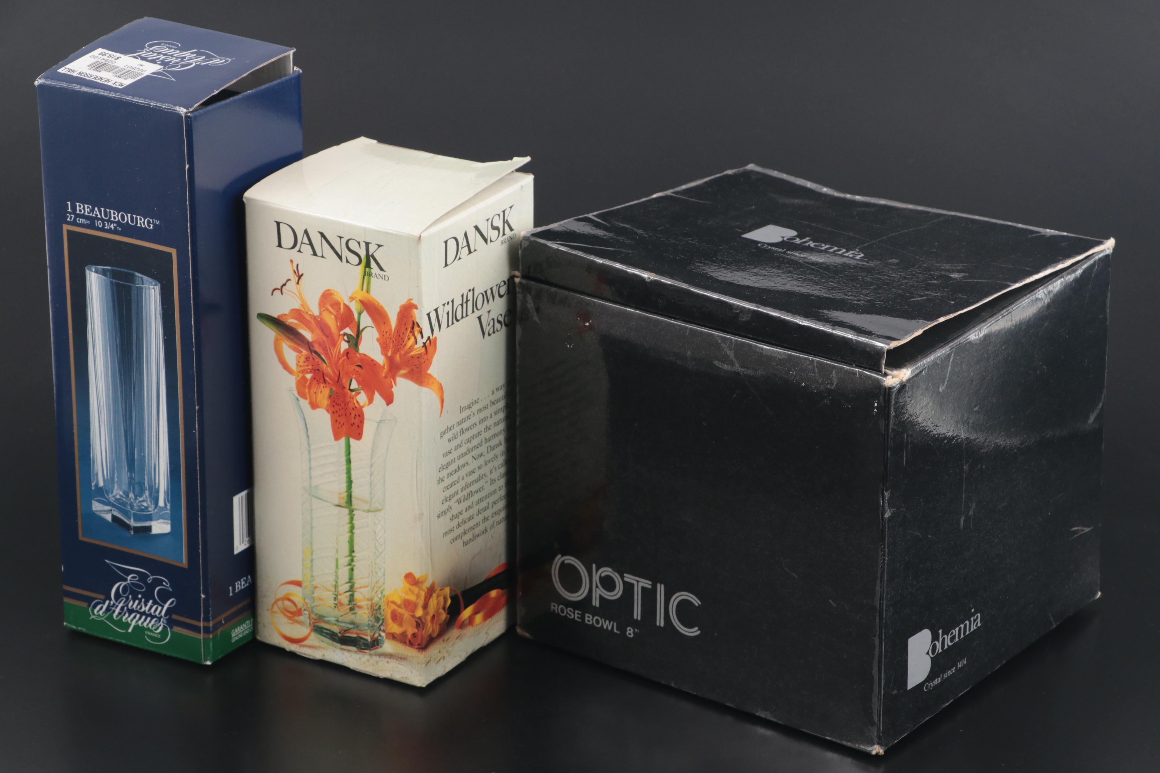 Seed Glass, Cristal D'Arques and Bohemia Crystal With Dansk Glass Vases