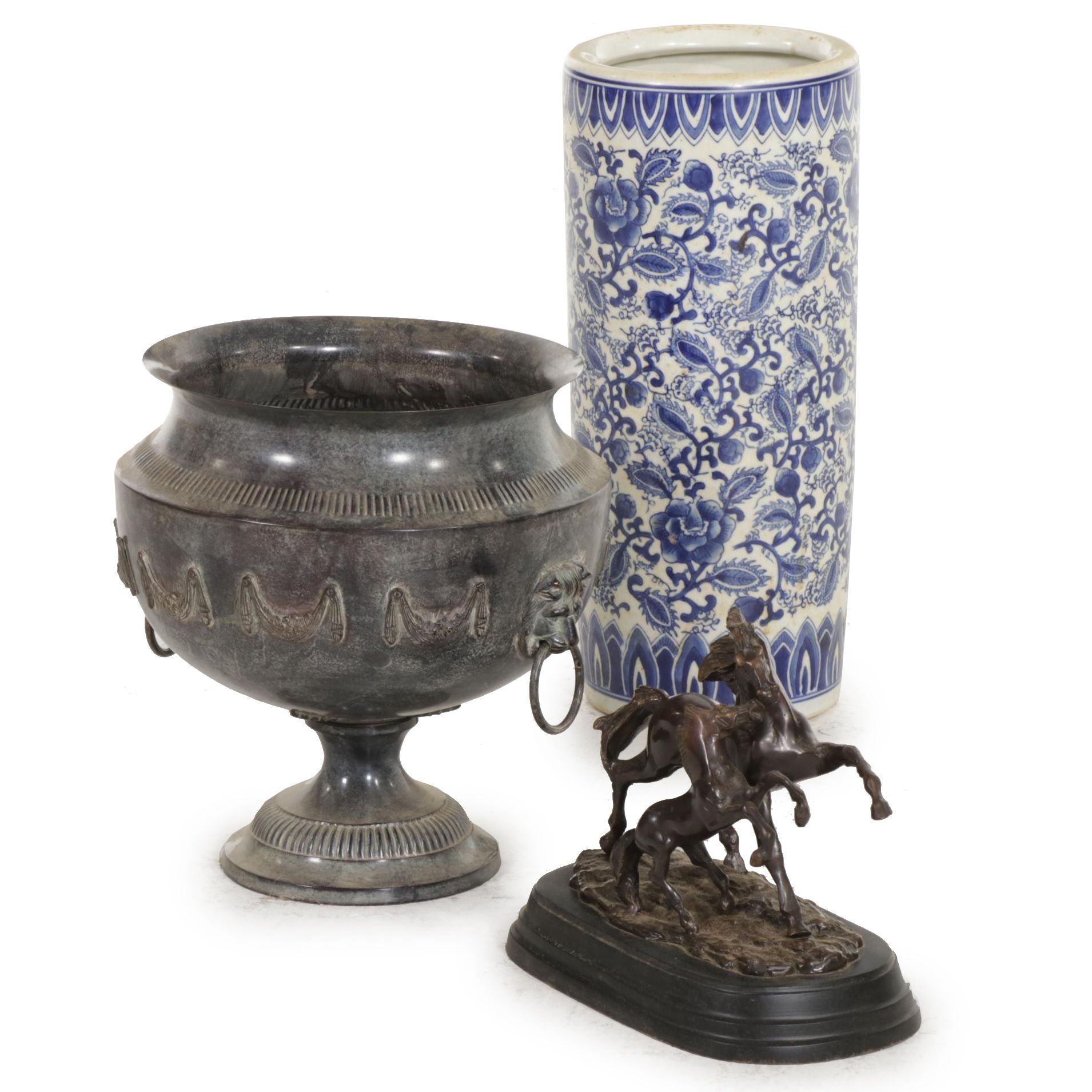 Blue and White Ceramic Umbrella Stand, Bombay Jardiniere, Metal Horses Figurine