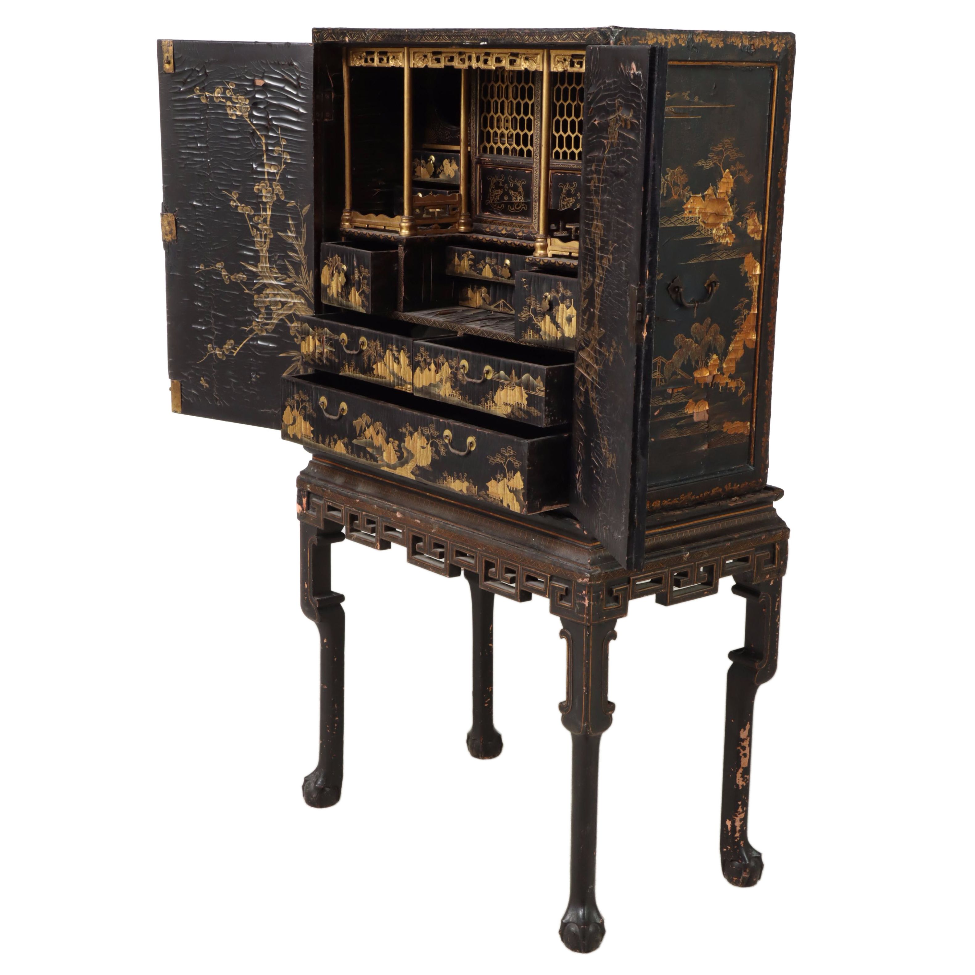 Japanese Lacquered and Gilt-Decorated Secretary Cabinet on Stand, 19th Century