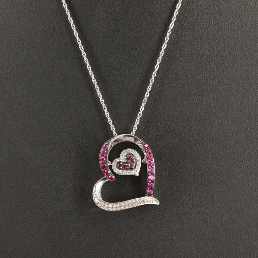 Sterling Ruby and Sapphire Double Heart Pendant Necklace