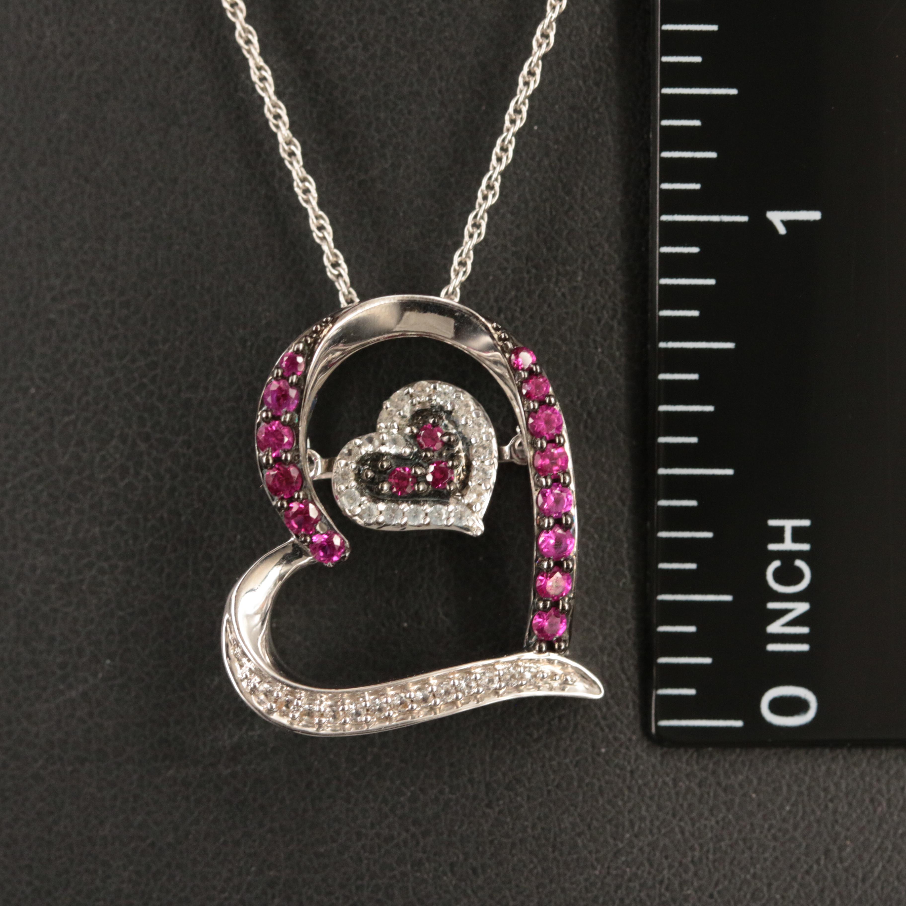 Sterling Ruby and Sapphire Double Heart Pendant Necklace