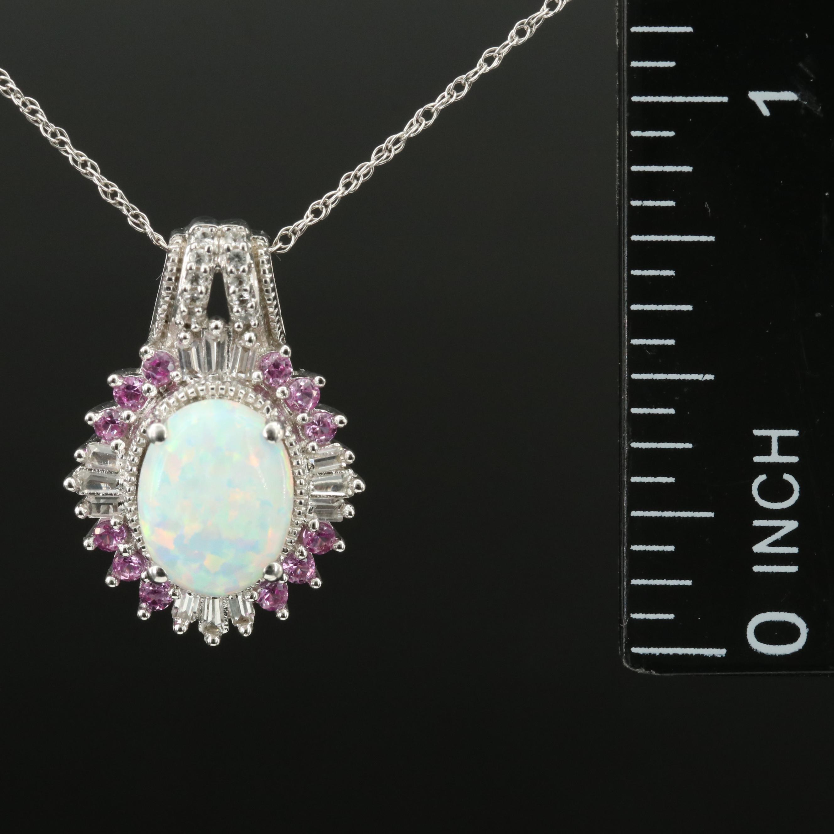 Sterling Opal, Pink and White Sapphire Pendant Necklace