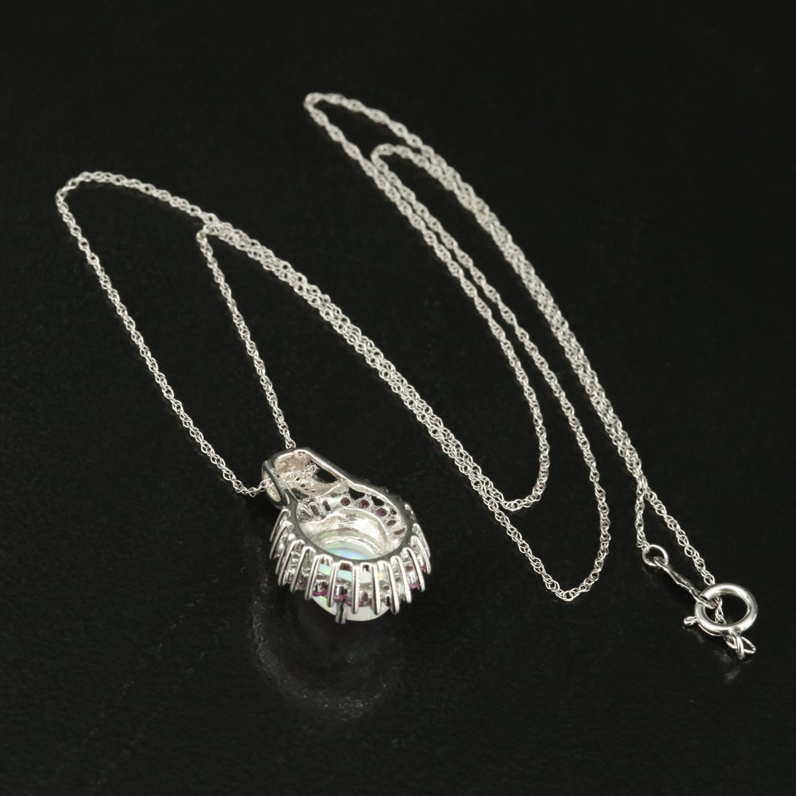 Sterling Opal, Pink and White Sapphire Pendant Necklace