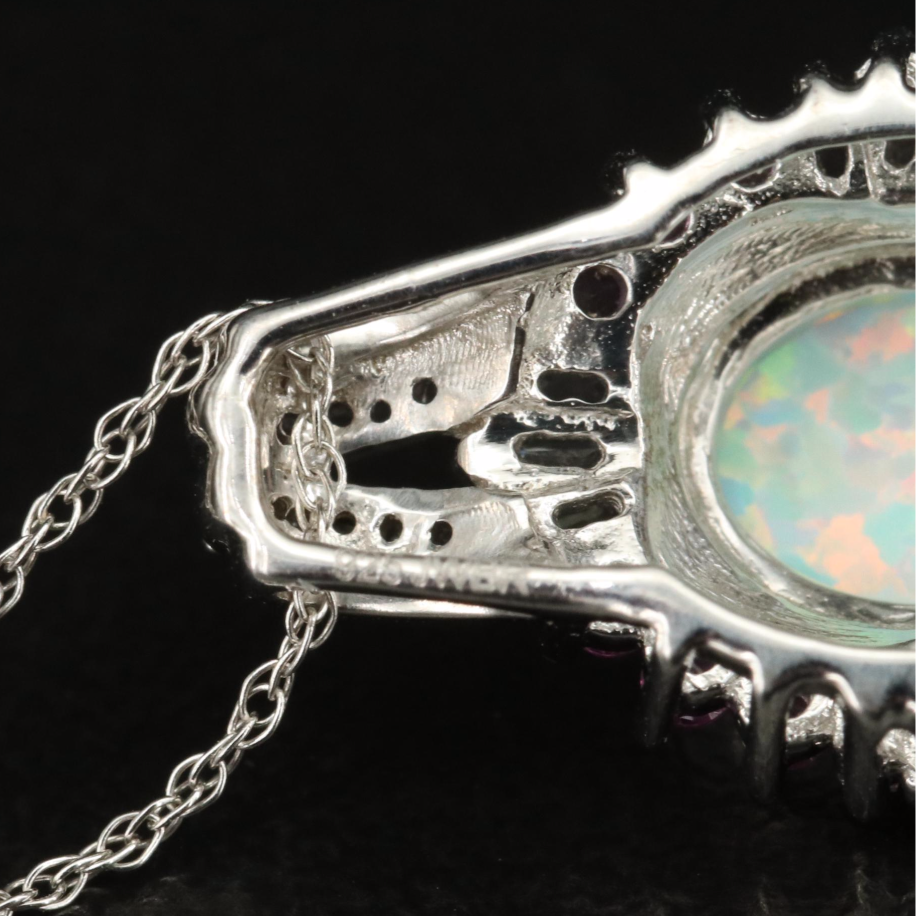 Sterling Opal, Pink and White Sapphire Pendant Necklace
