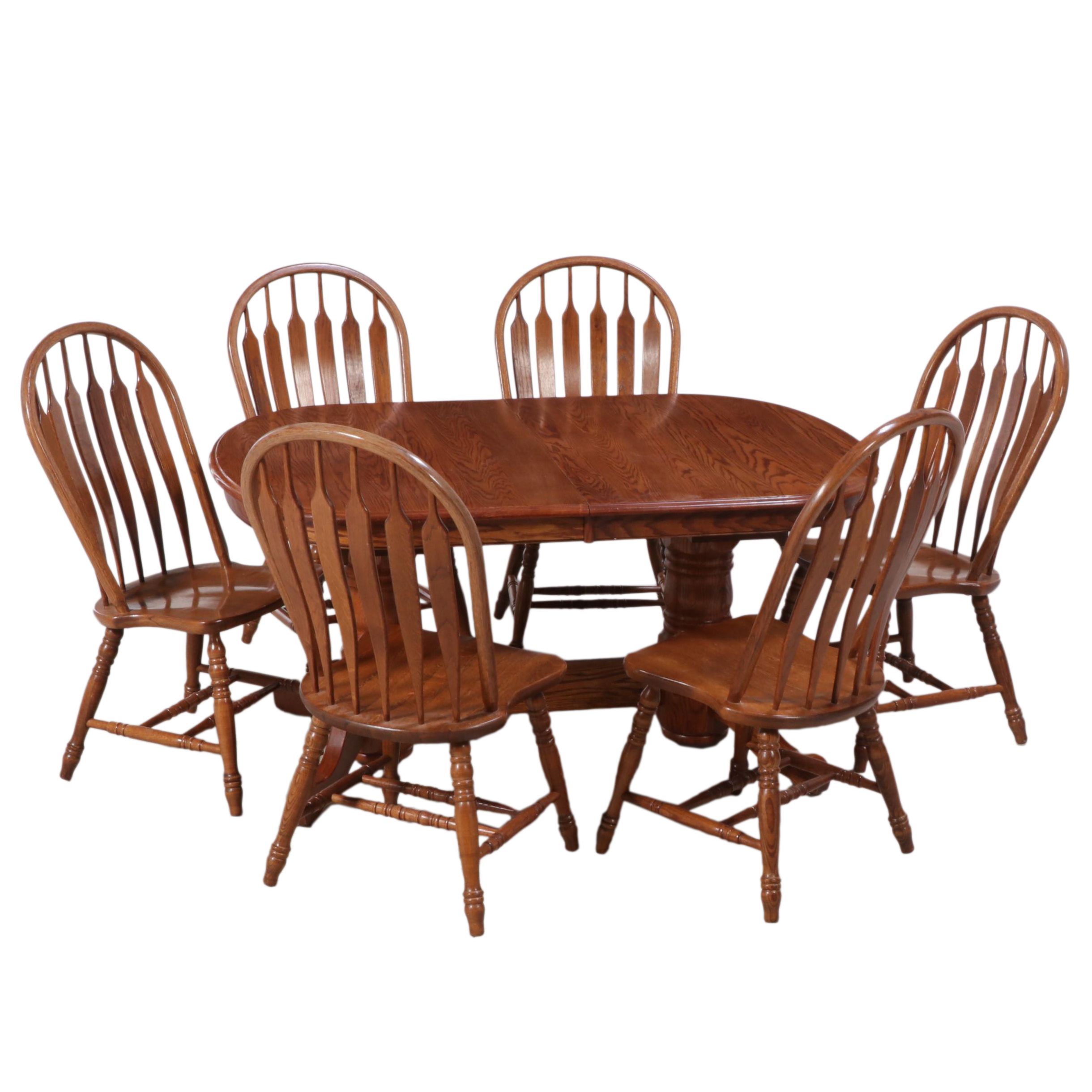 Intercon Oak Pedestal Dining Table and Six Windsor Style Chairs