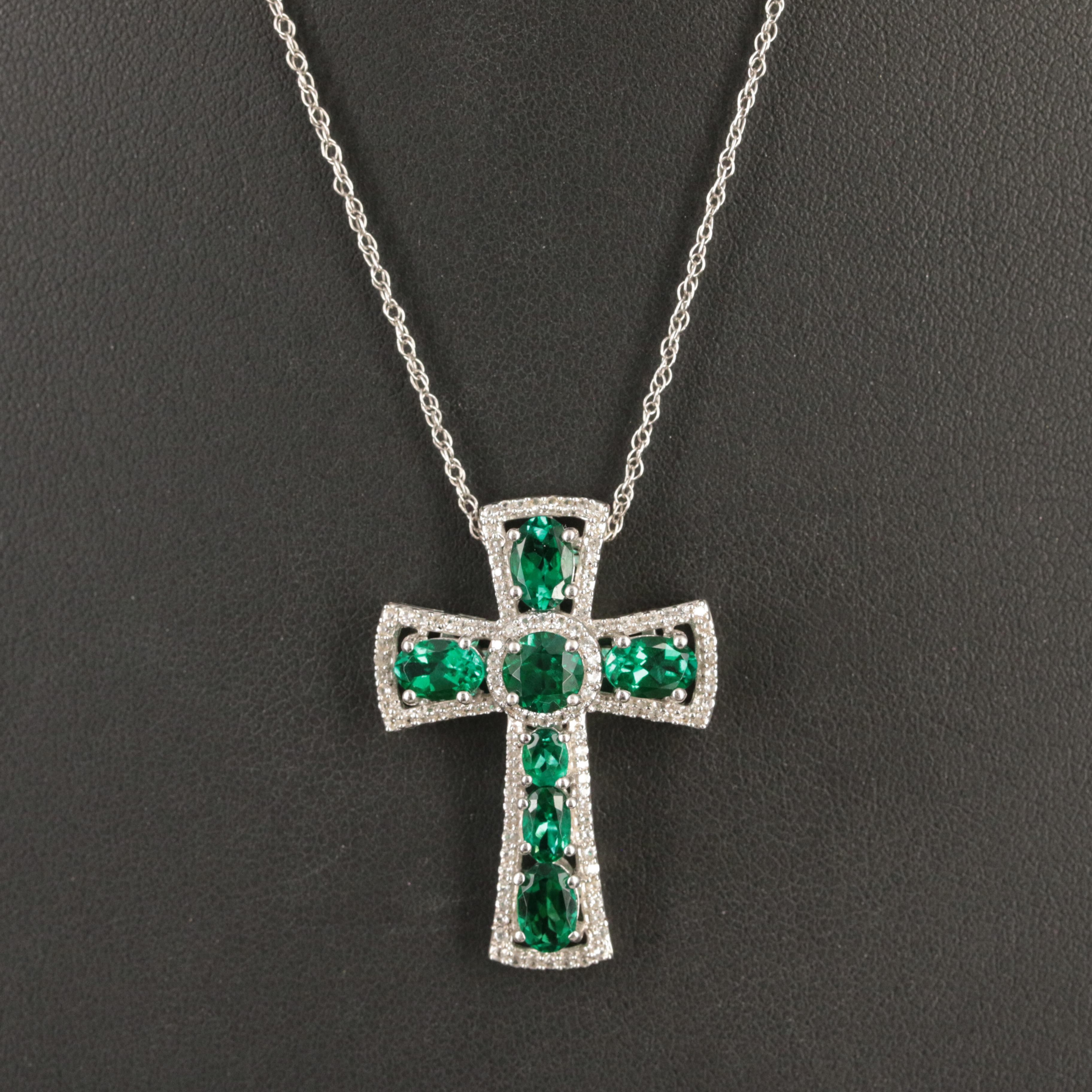 Sterling Emerald and Sapphire Cross Pendant Necklace