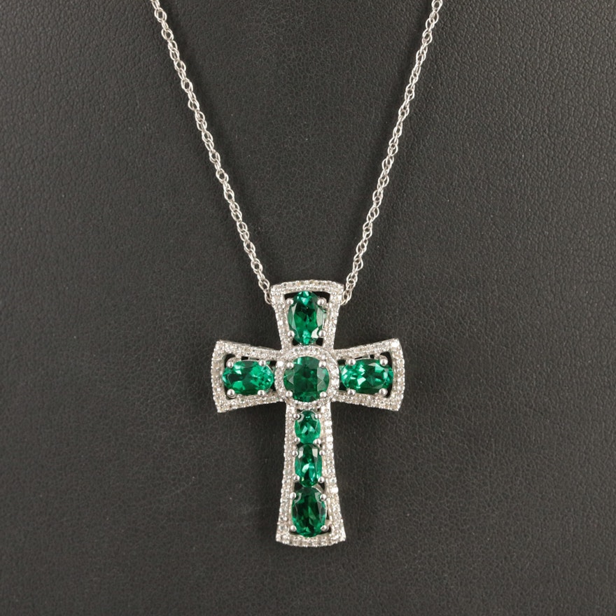Sterling Emerald and Sapphire Cross Pendant Necklace