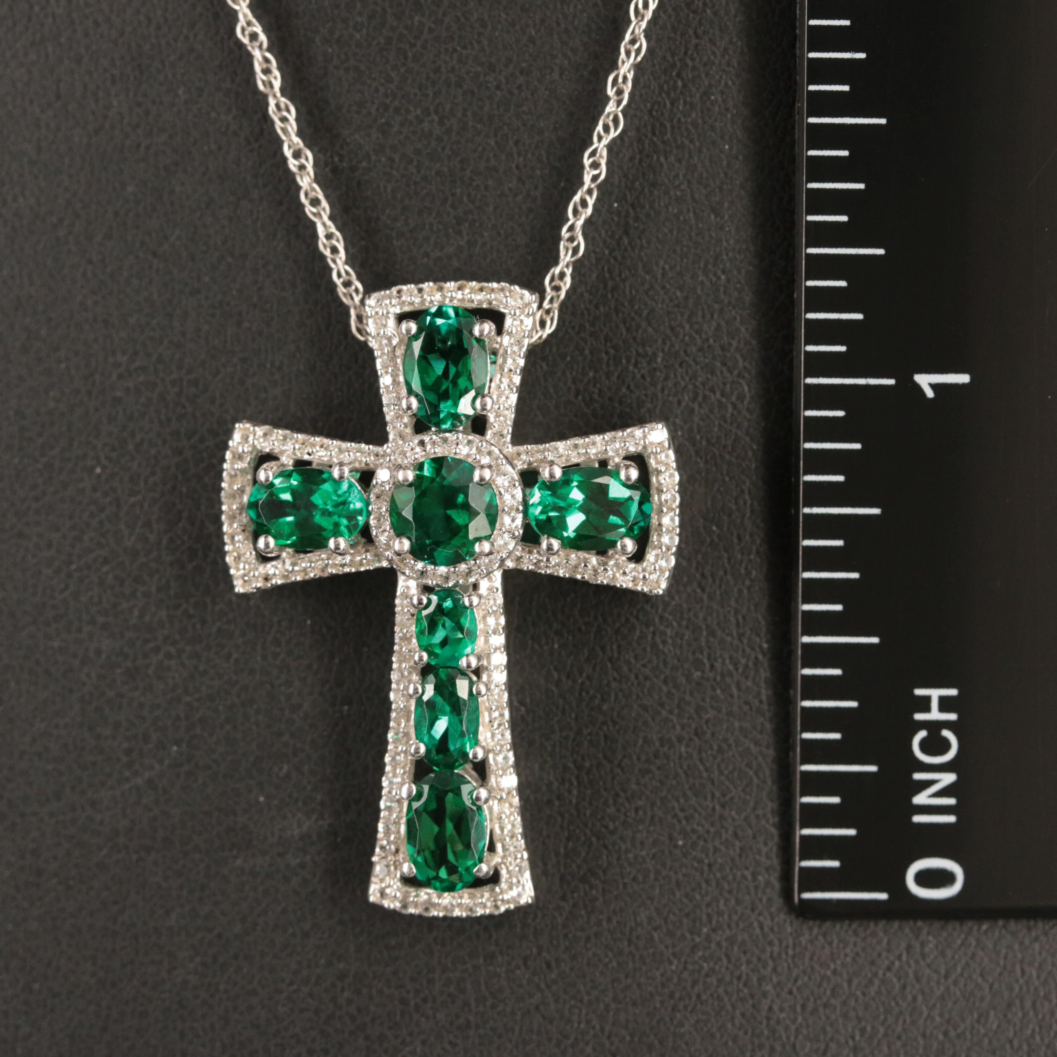 Sterling Emerald and Sapphire Cross Pendant Necklace