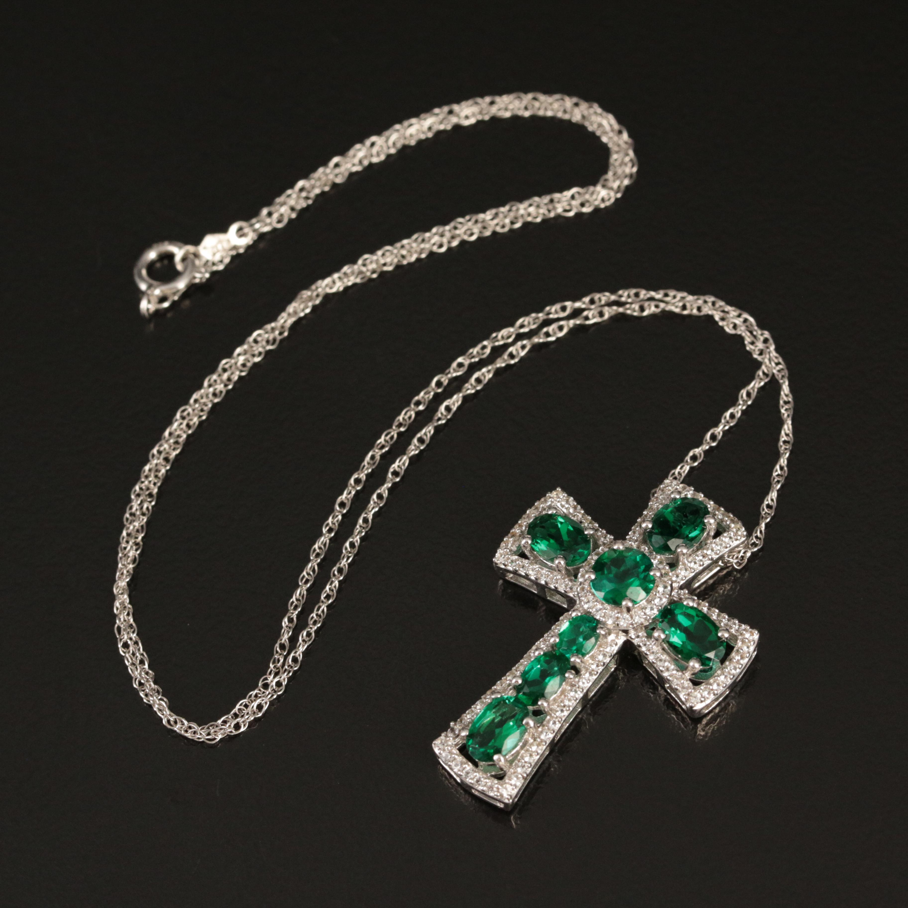 Sterling Emerald and Sapphire Cross Pendant Necklace