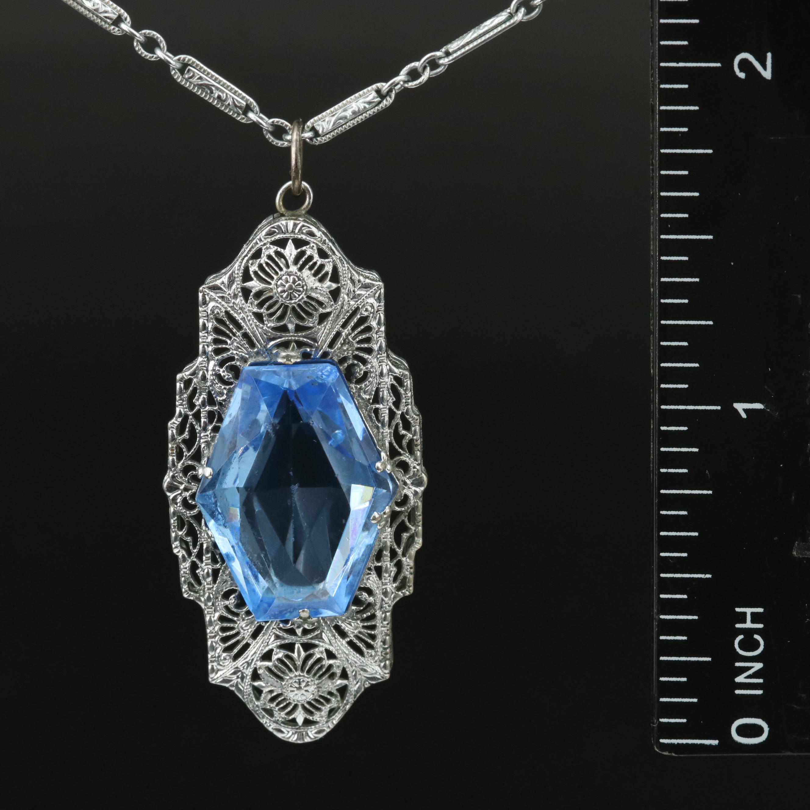 1930s Glass Filigree Pendant Necklace with Engraved Oval Panel Links