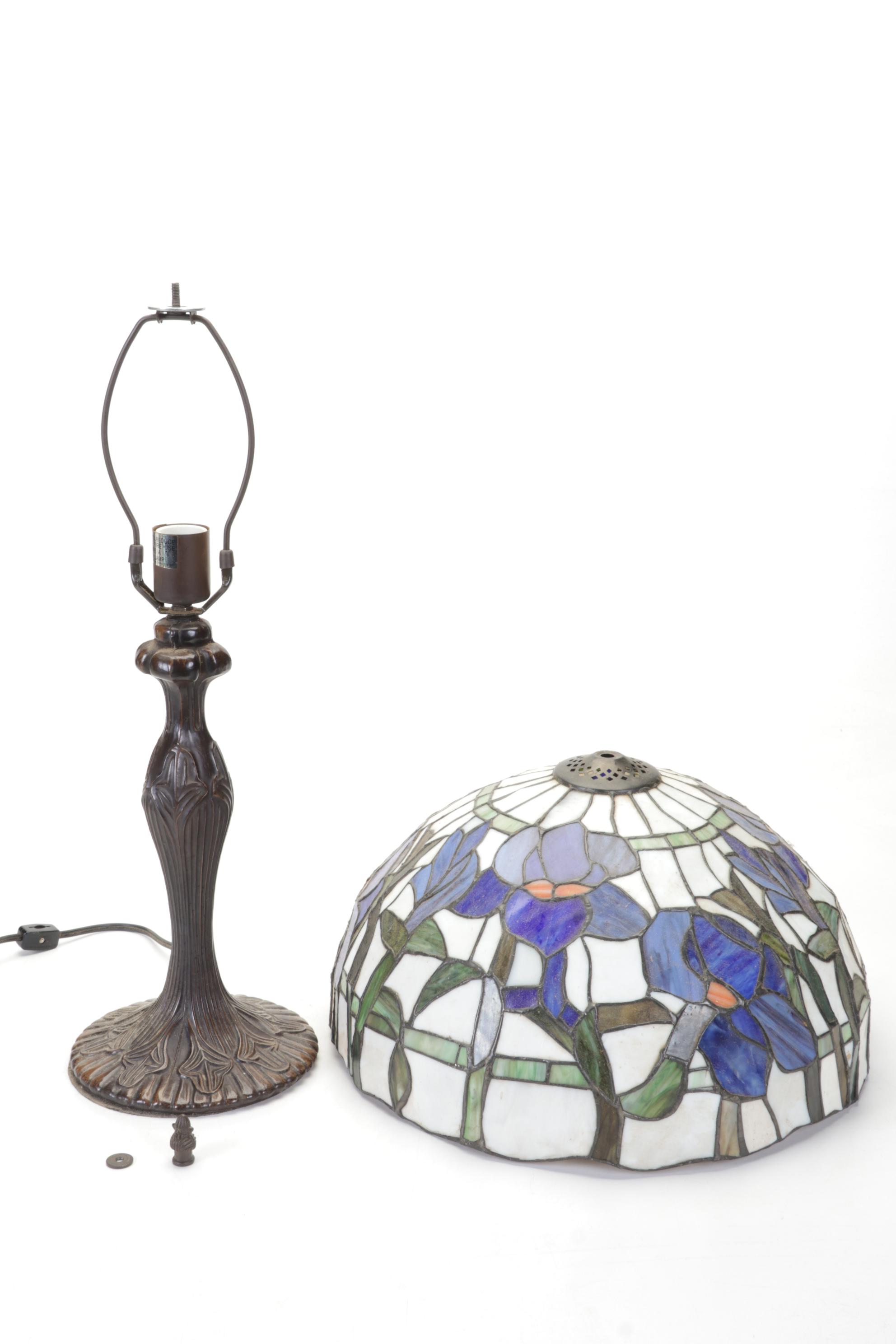 Flag Iris Purple Slag Glass and Metal Table Lamp, Contemporary