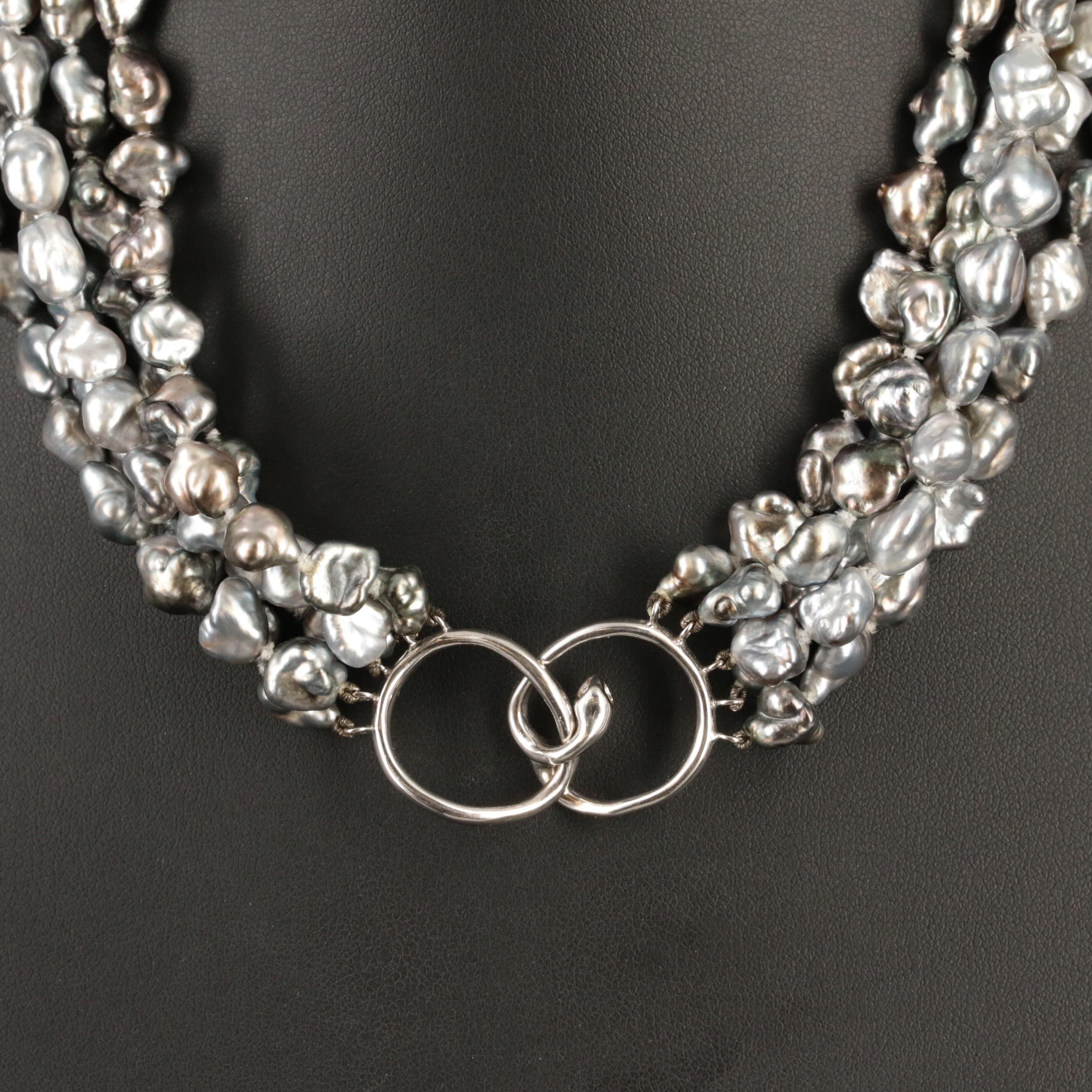 18K Diamond Snake Clasp on Pearl Multi-Strand Necklace