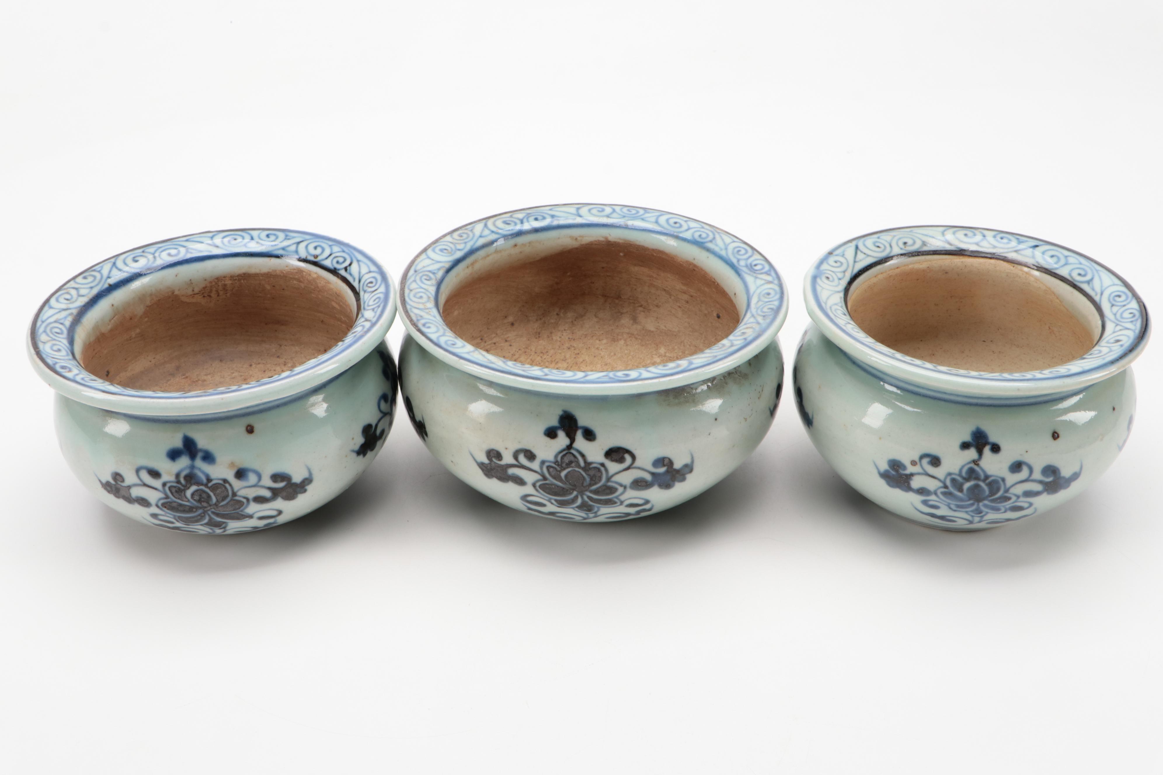 Chinese Blue and White Hand-Painted Porcelain Rimmed Planters