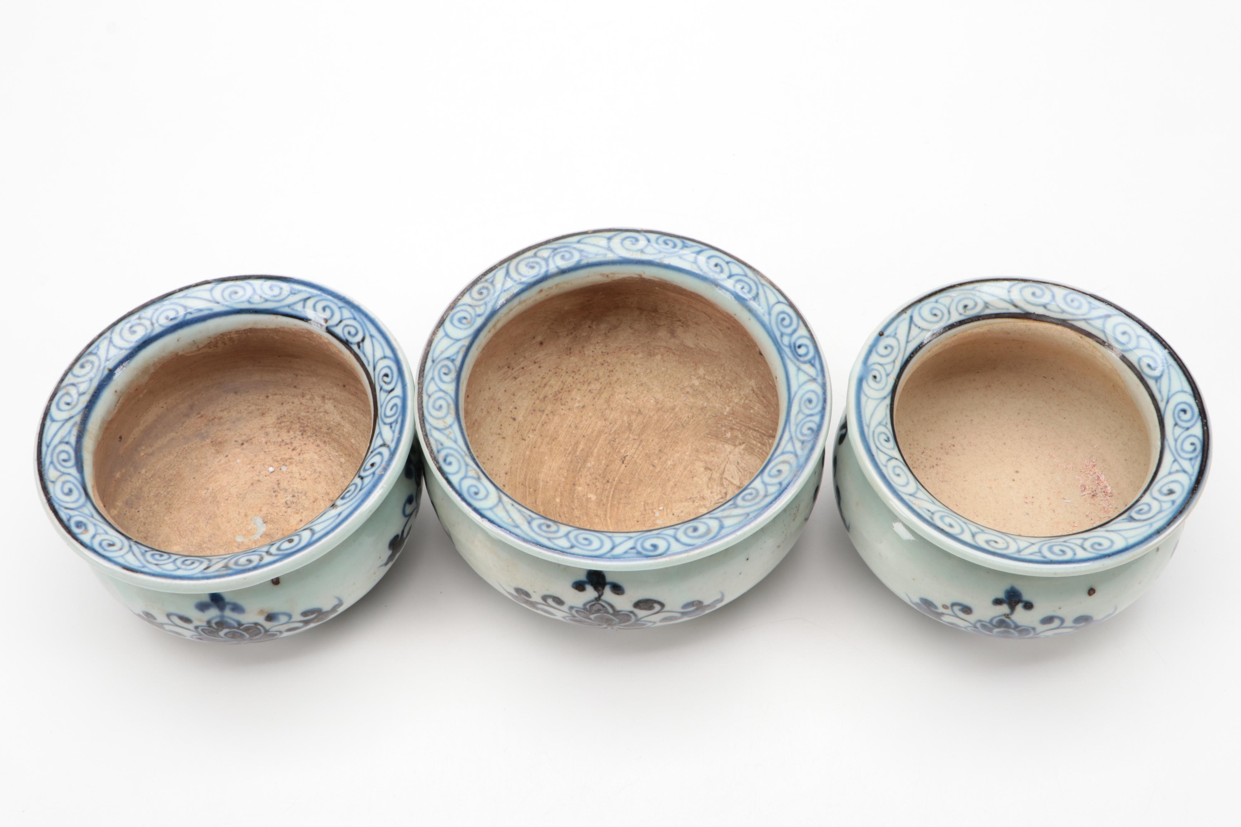 Chinese Blue and White Hand-Painted Porcelain Rimmed Planters