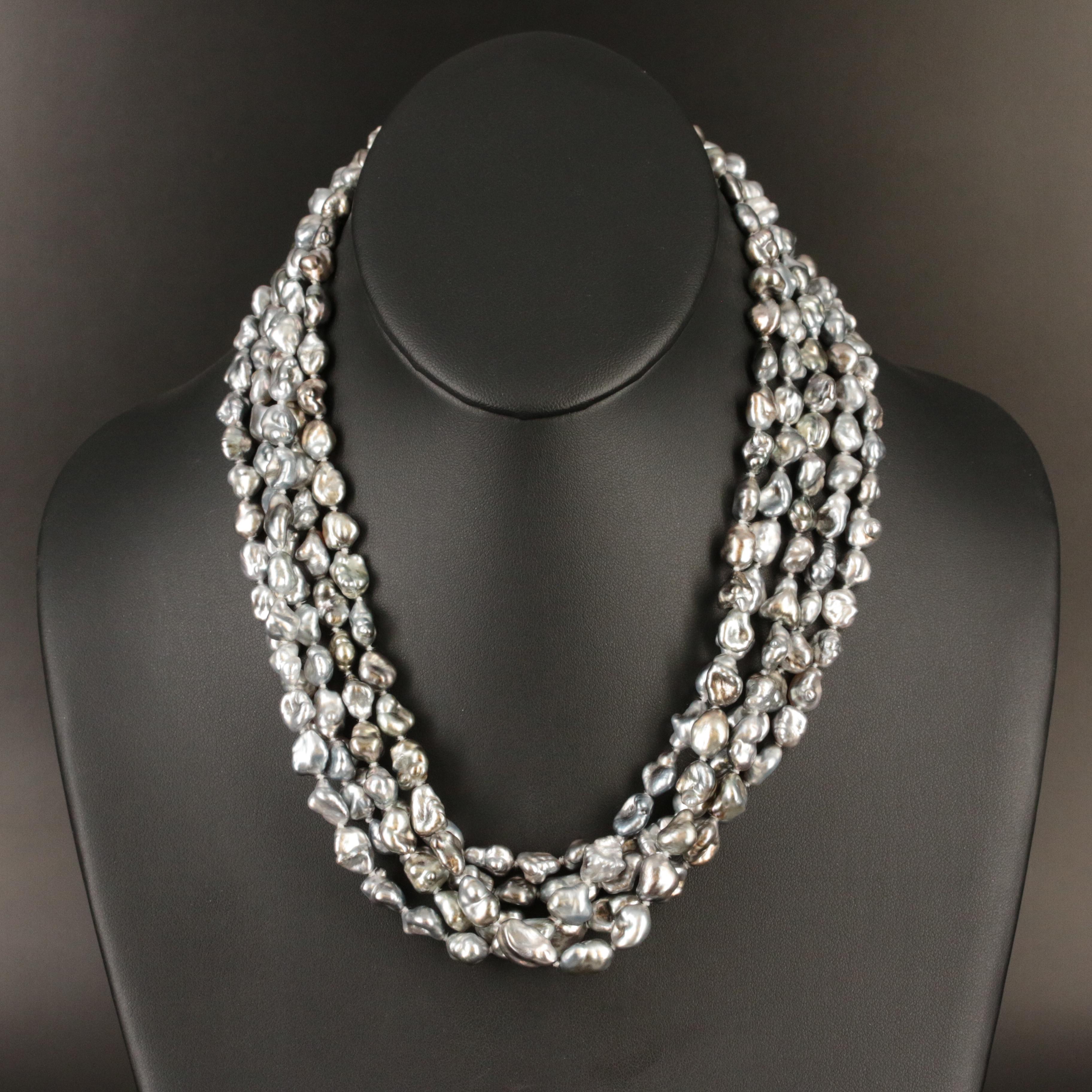 18K Diamond Snake Clasp on Pearl Multi-Strand Necklace