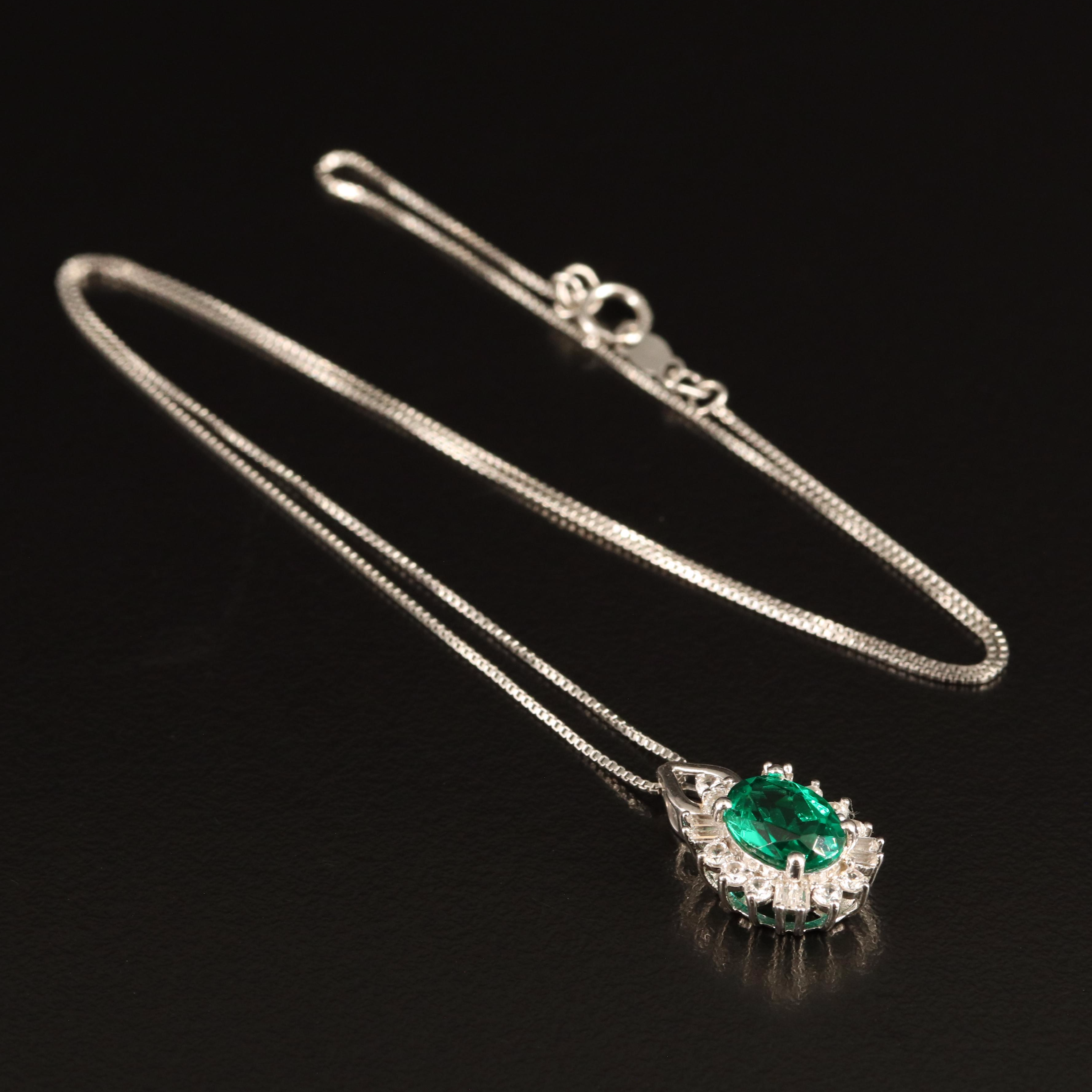 Sterling Emerald and White Sapphire Pendant Necklace