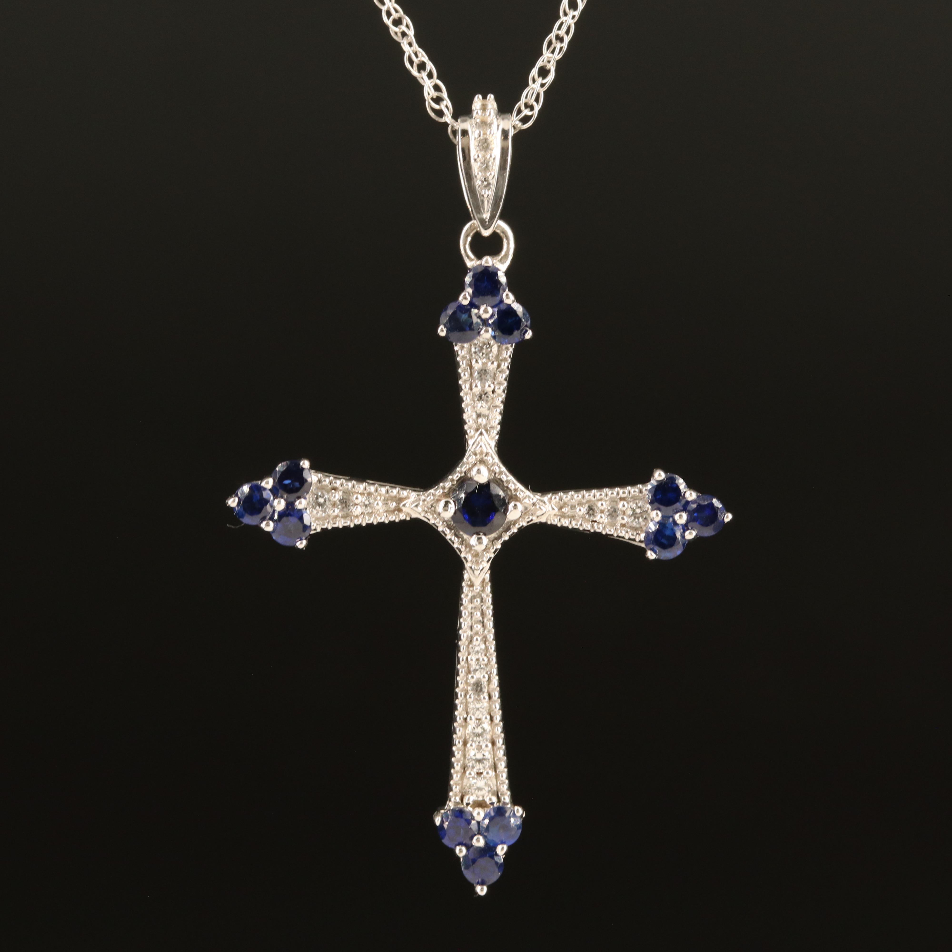 Sterling Sapphire and White Sapphire Cross Necklace
