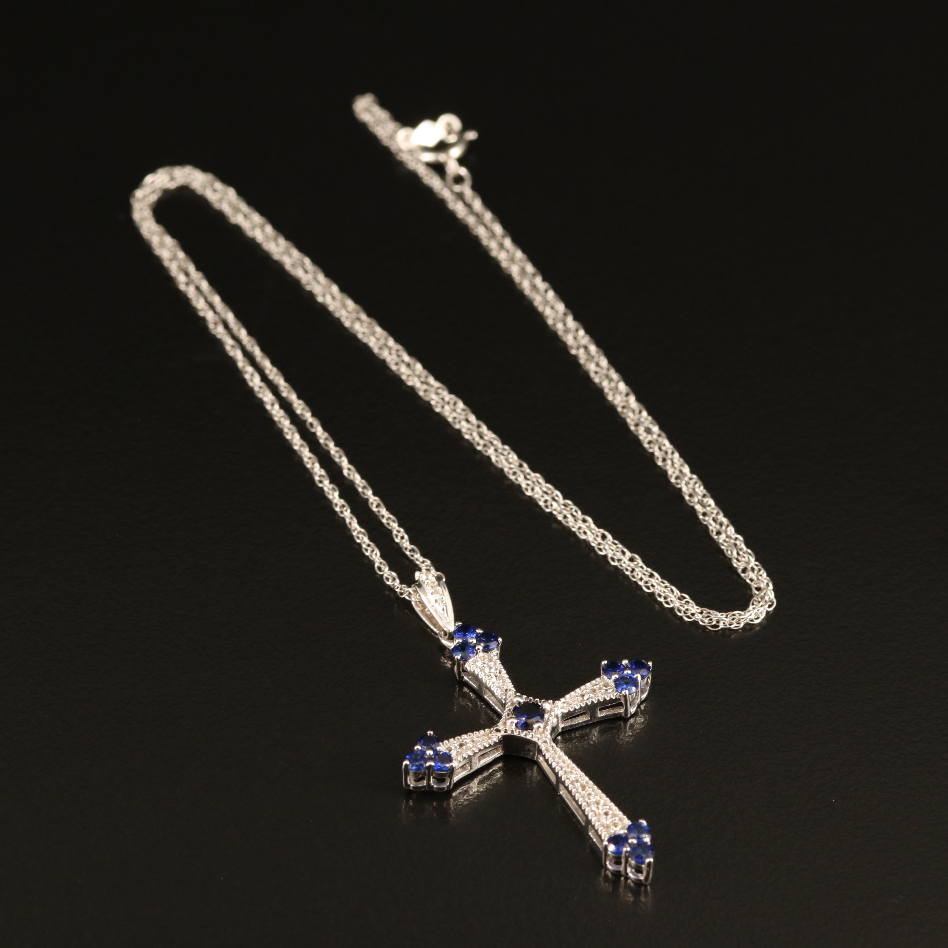 Sterling Sapphire and White Sapphire Cross Necklace