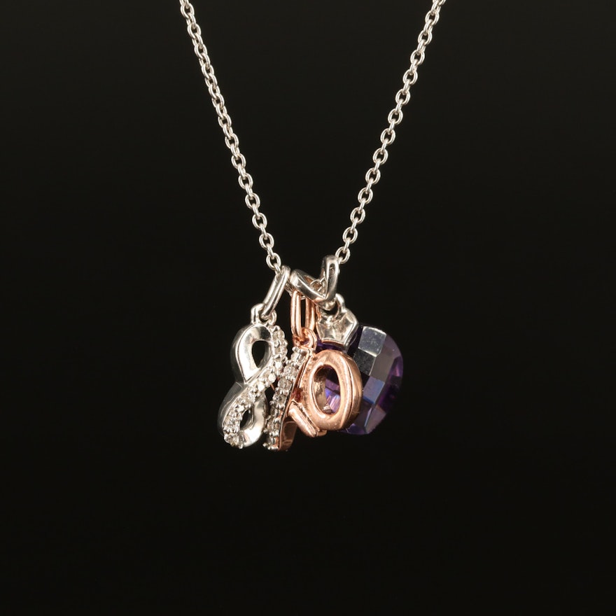 Sterling Amethyst and Cubic Zirconia Heart, "XO" and Infinity Pendant Necklace