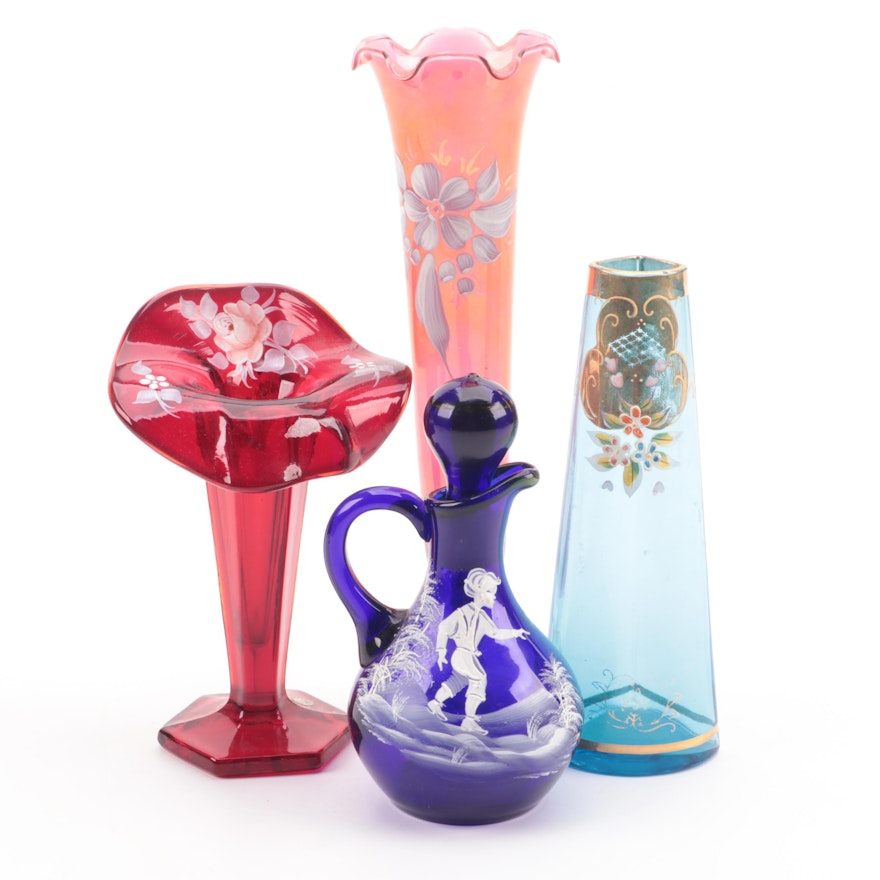 Mary Gregory Style Cobalt Glass Cruet with Other Glass Vases, 20th Century