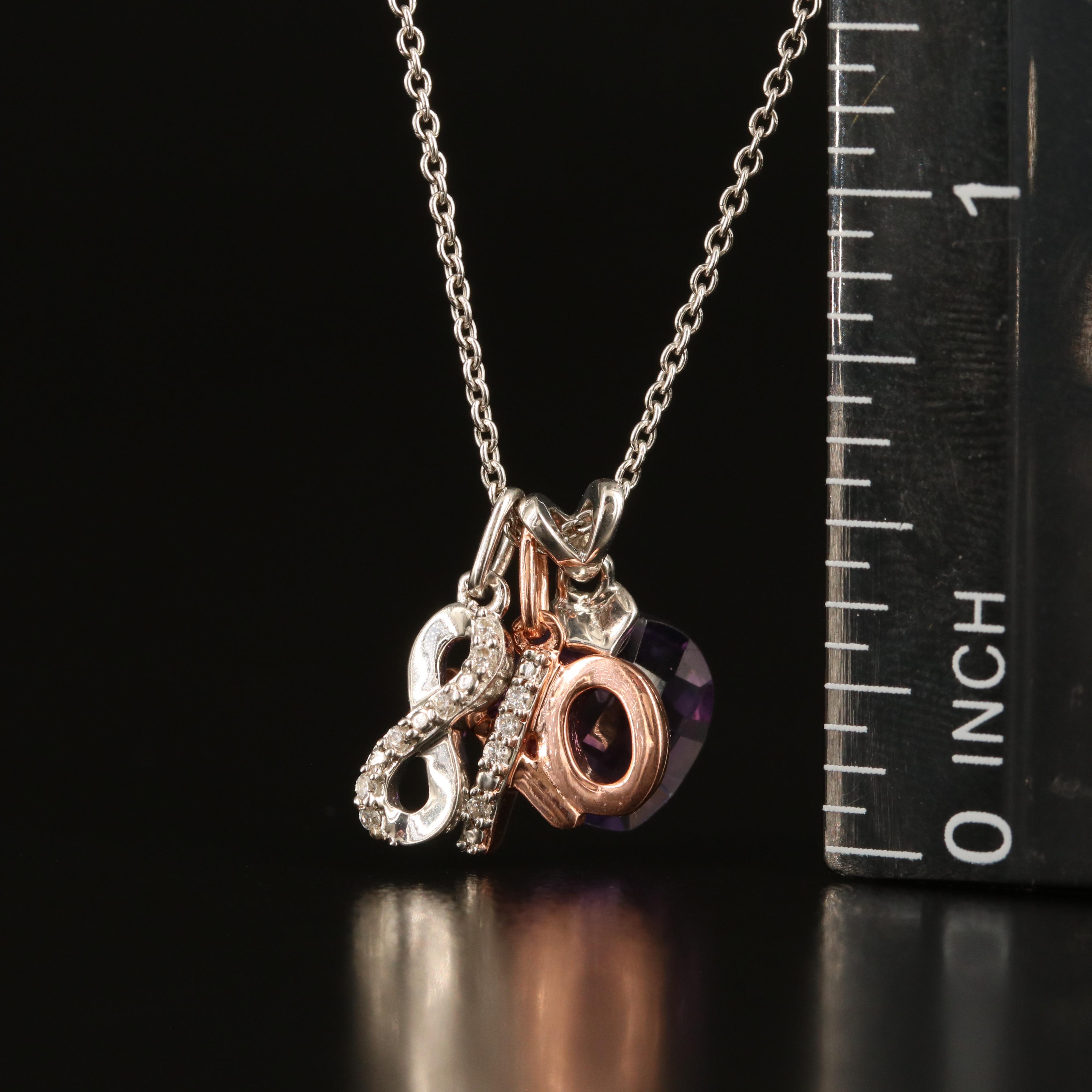 Sterling Amethyst and Cubic Zirconia Heart, "XO" and Infinity Pendant Necklace