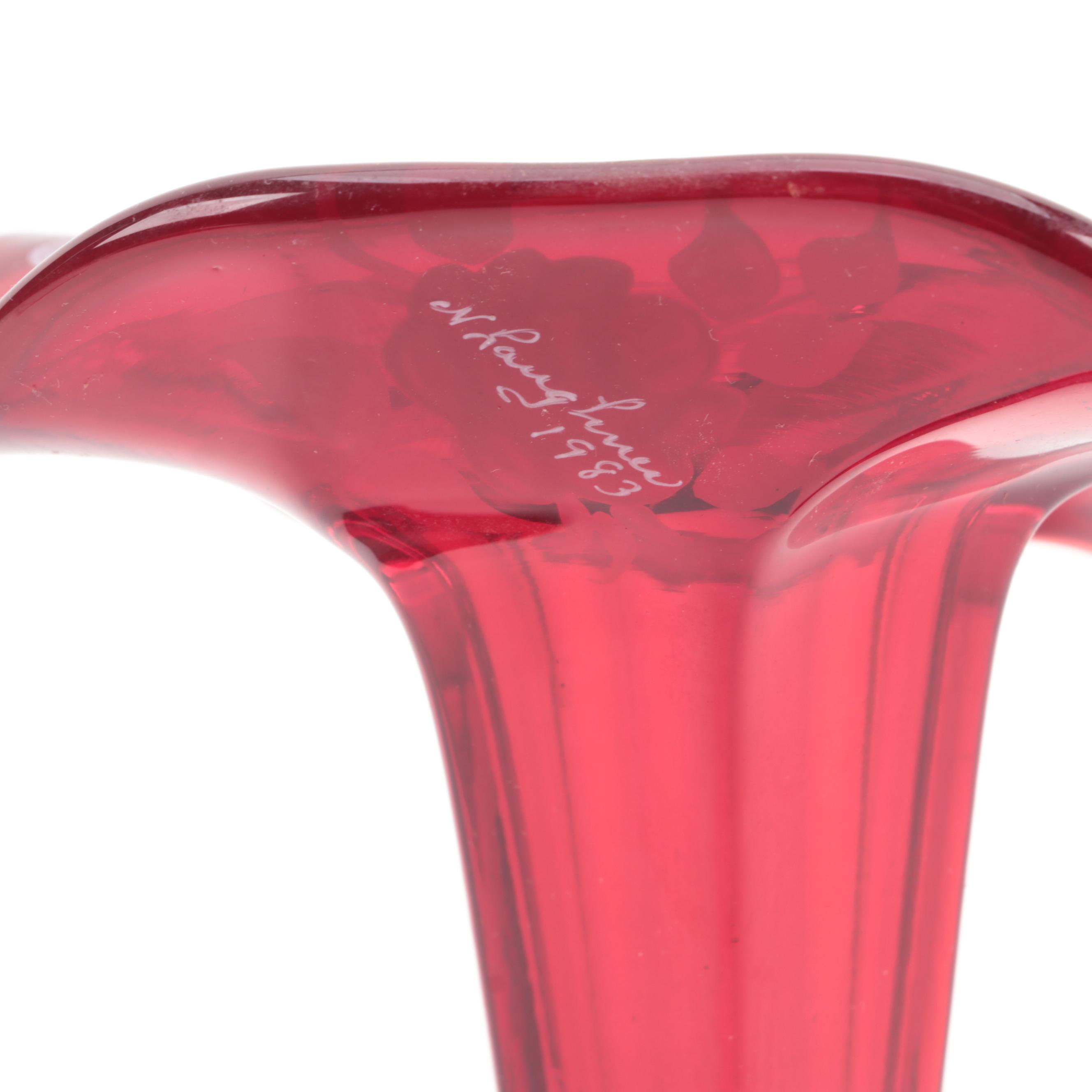 Mary Gregory Style Cobalt Glass Cruet with Other Glass Vases, 20th Century