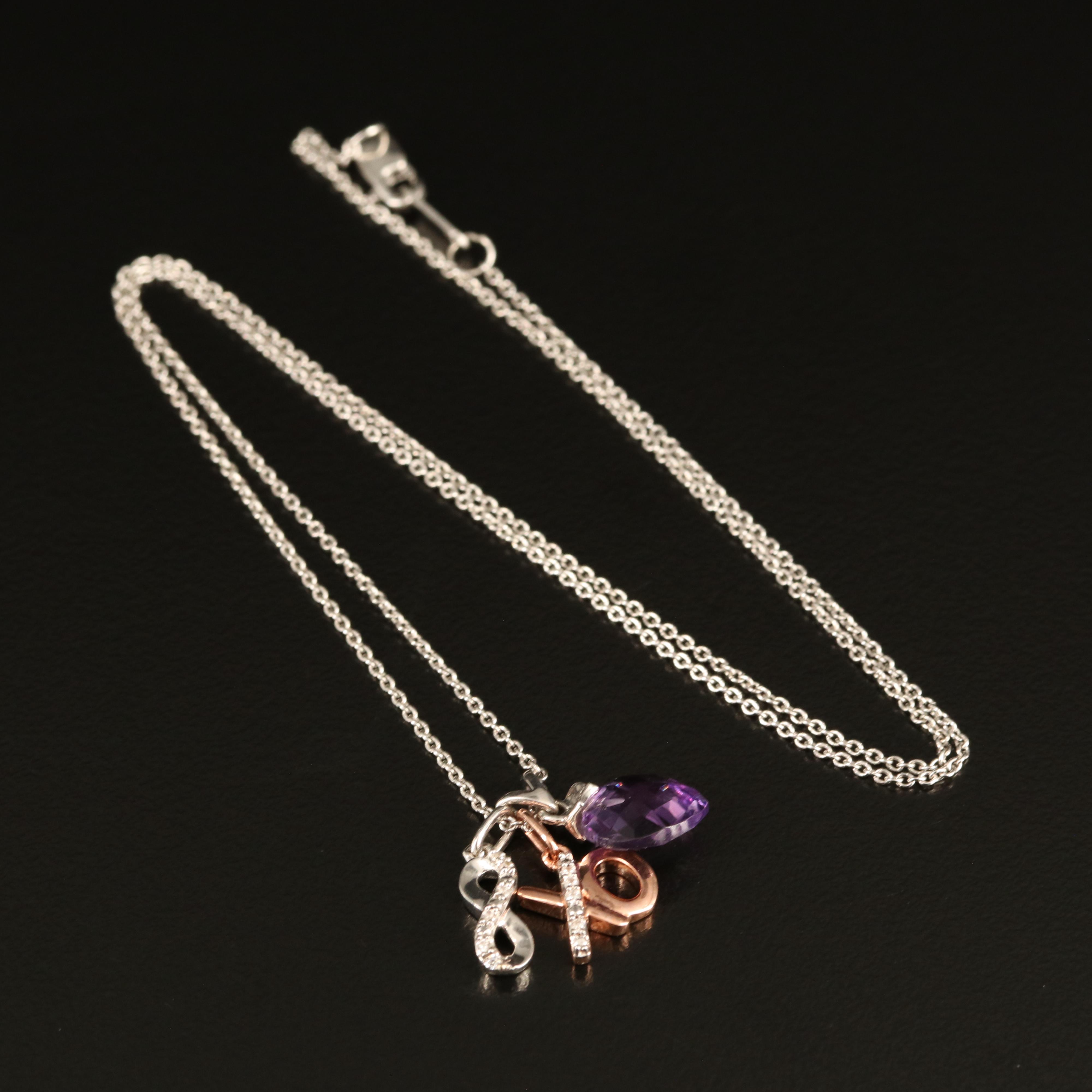 Sterling Amethyst and Cubic Zirconia Heart, "XO" and Infinity Pendant Necklace