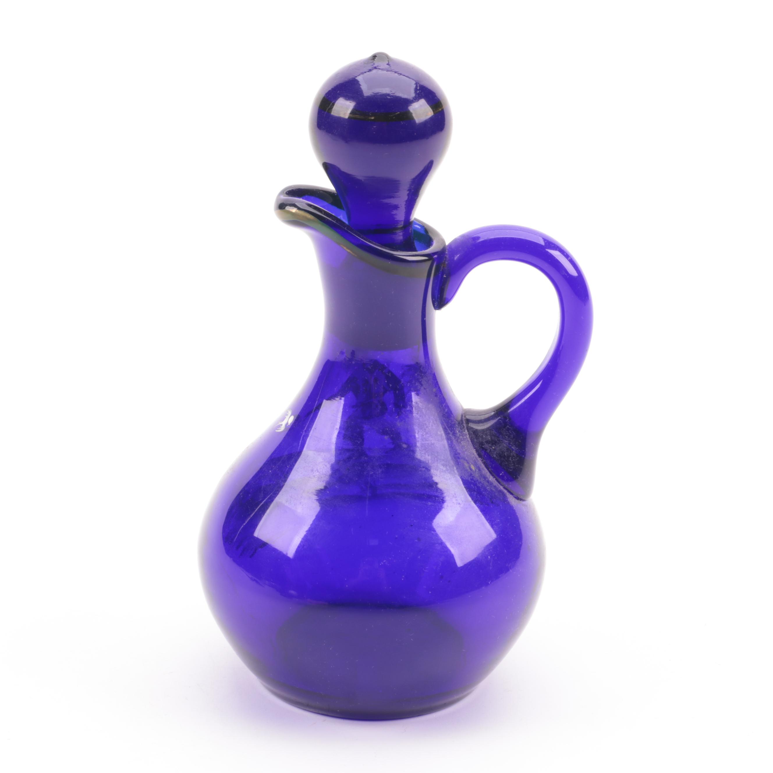 Mary Gregory Style Cobalt Glass Cruet with Other Glass Vases, 20th Century