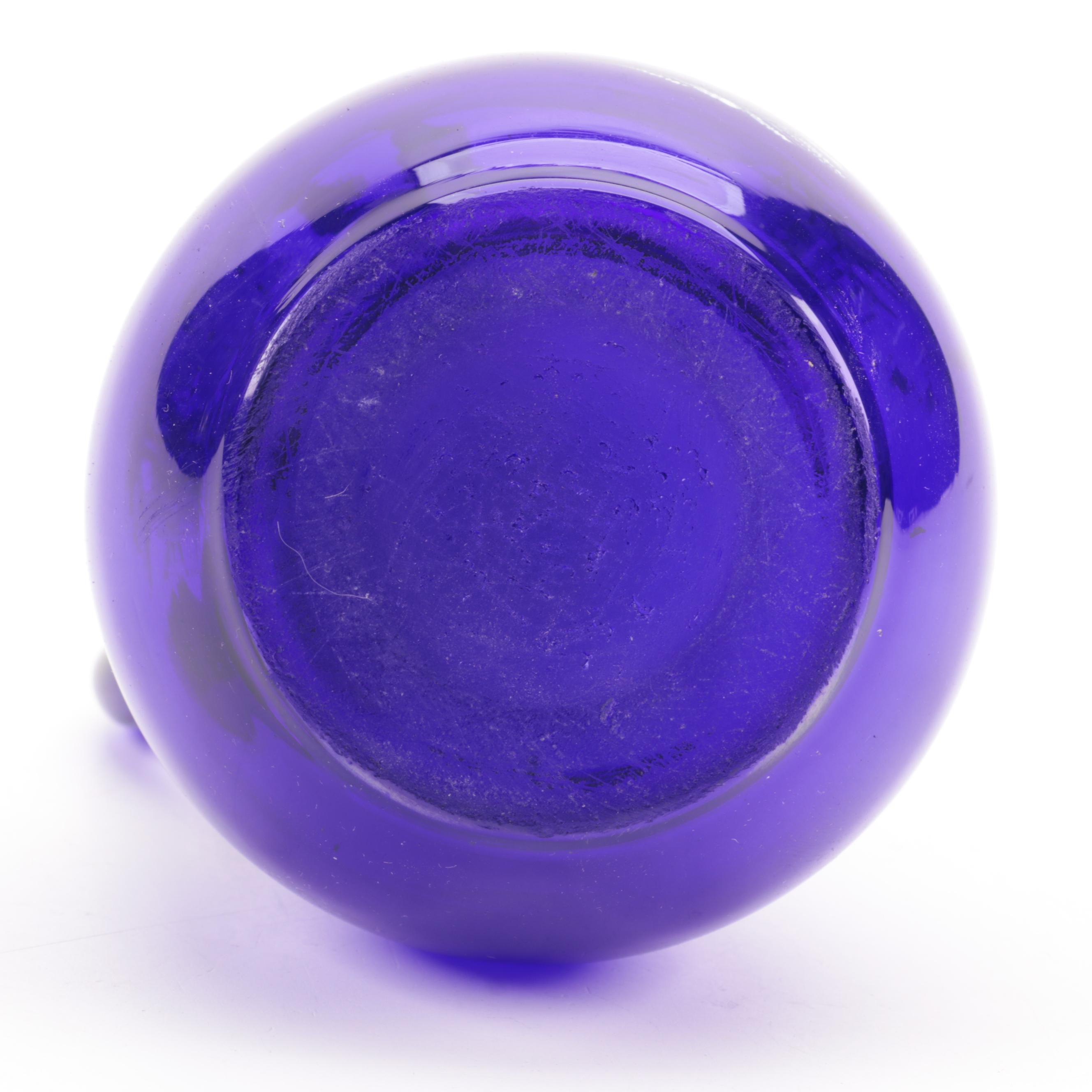 Mary Gregory Style Cobalt Glass Cruet with Other Glass Vases, 20th Century