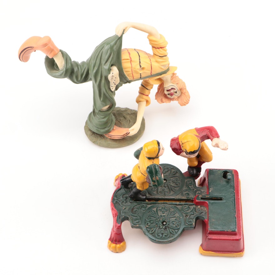 Clown Figure and Calamity Football Mechanical Bank