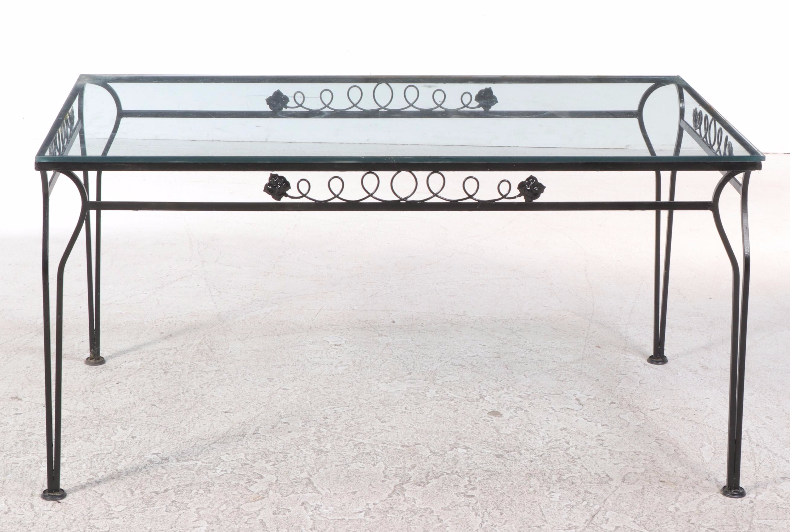 Seven-Piece Black-Painted Iron and Glass Top Patio Dining Set