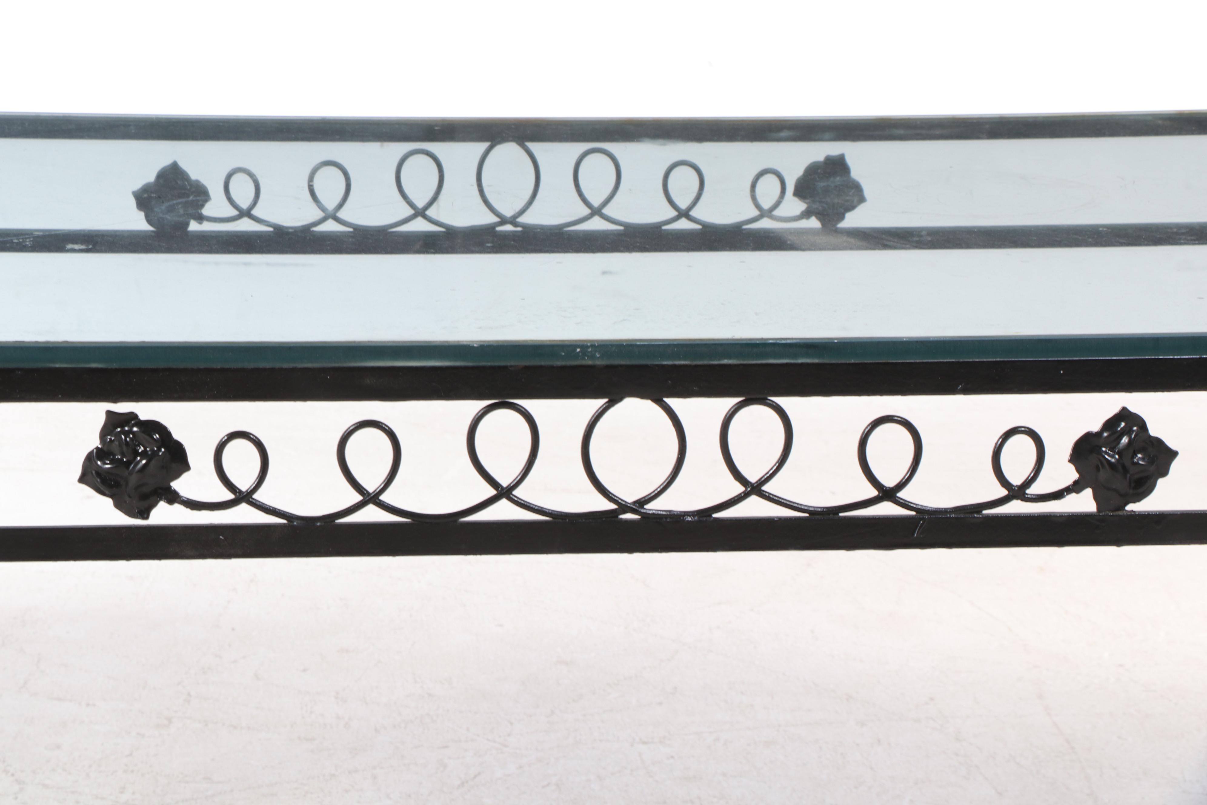 Seven-Piece Black-Painted Iron and Glass Top Patio Dining Set