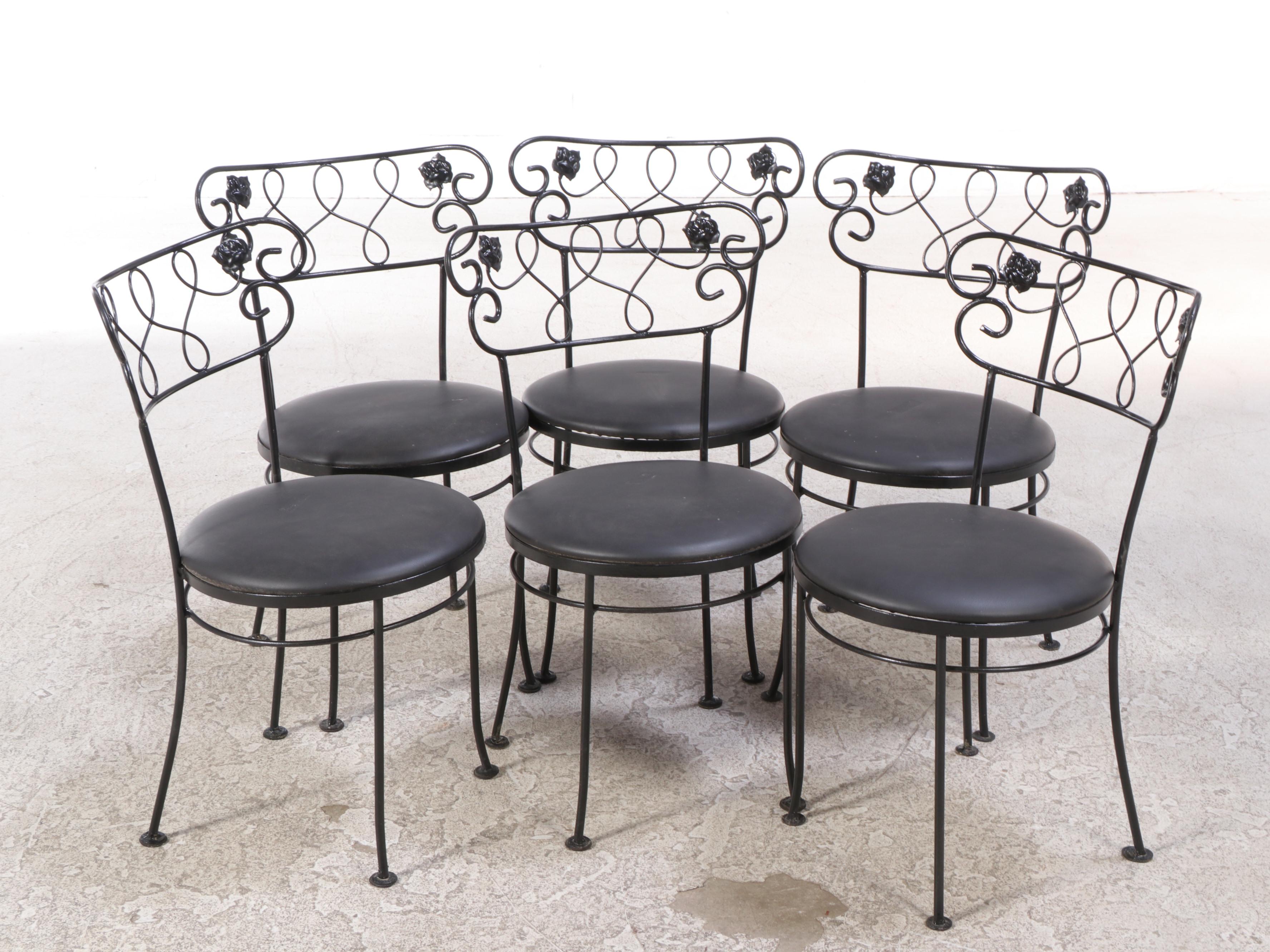 Seven-Piece Black-Painted Iron and Glass Top Patio Dining Set
