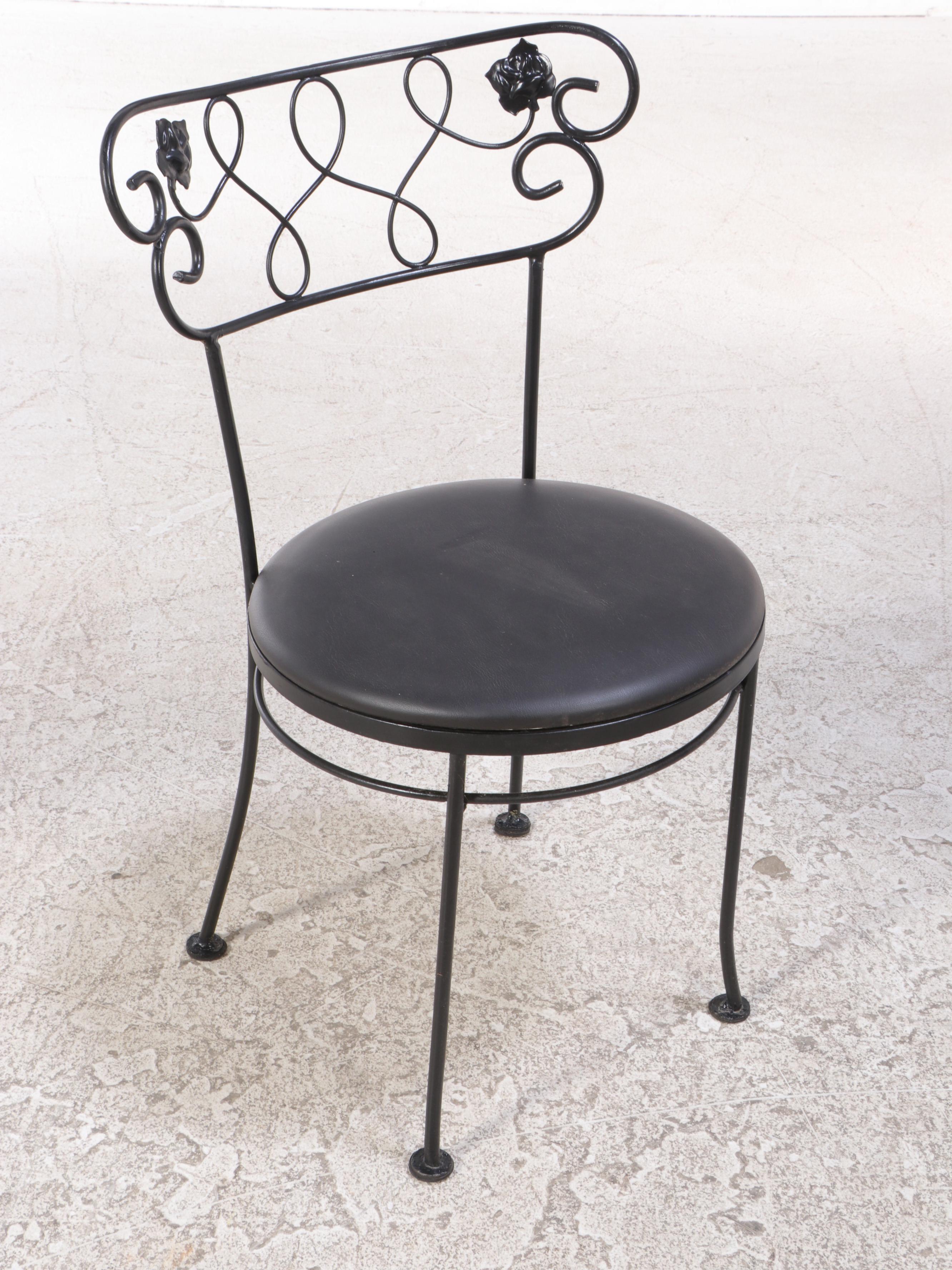 Seven-Piece Black-Painted Iron and Glass Top Patio Dining Set