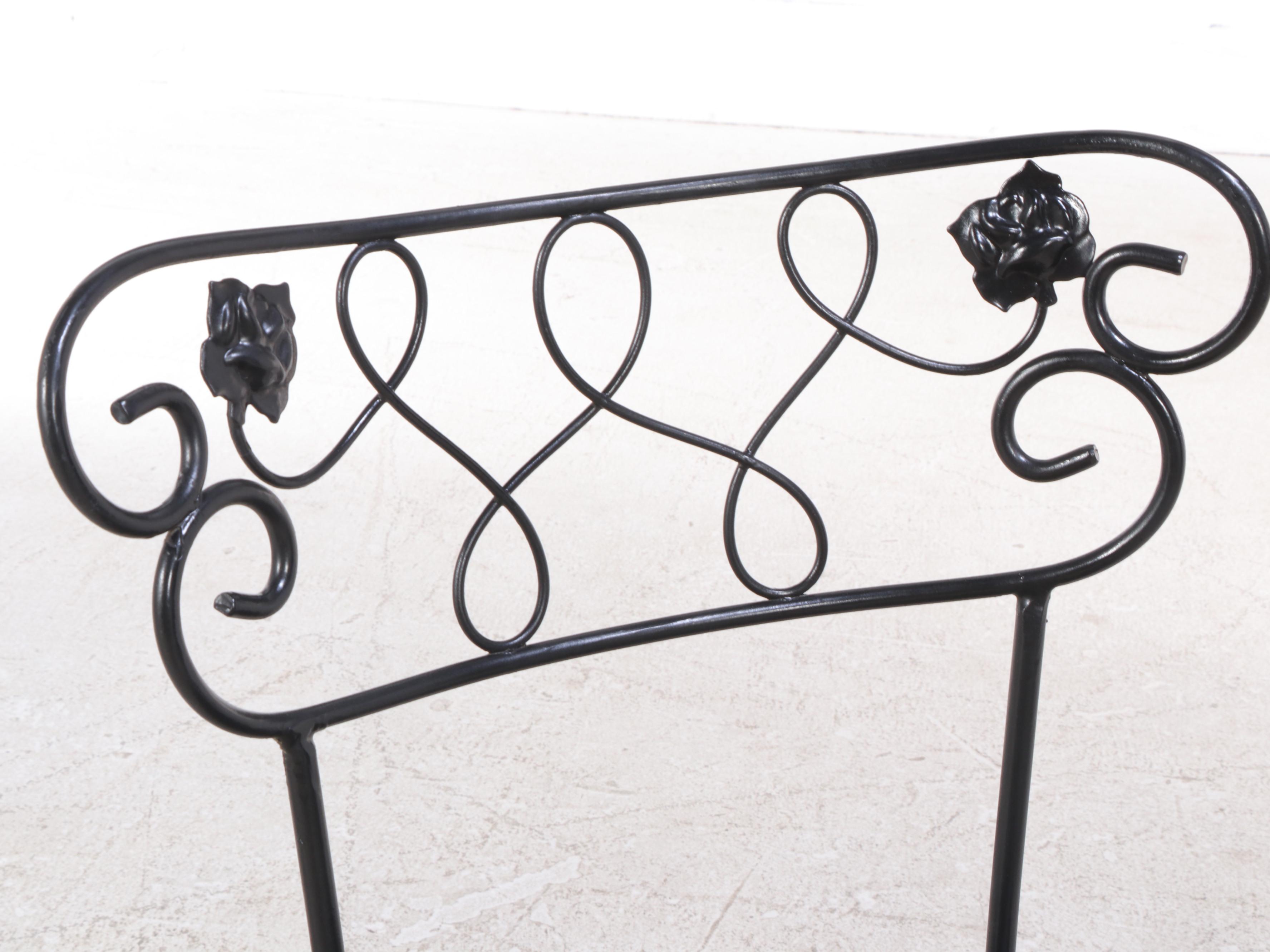 Seven-Piece Black-Painted Iron and Glass Top Patio Dining Set