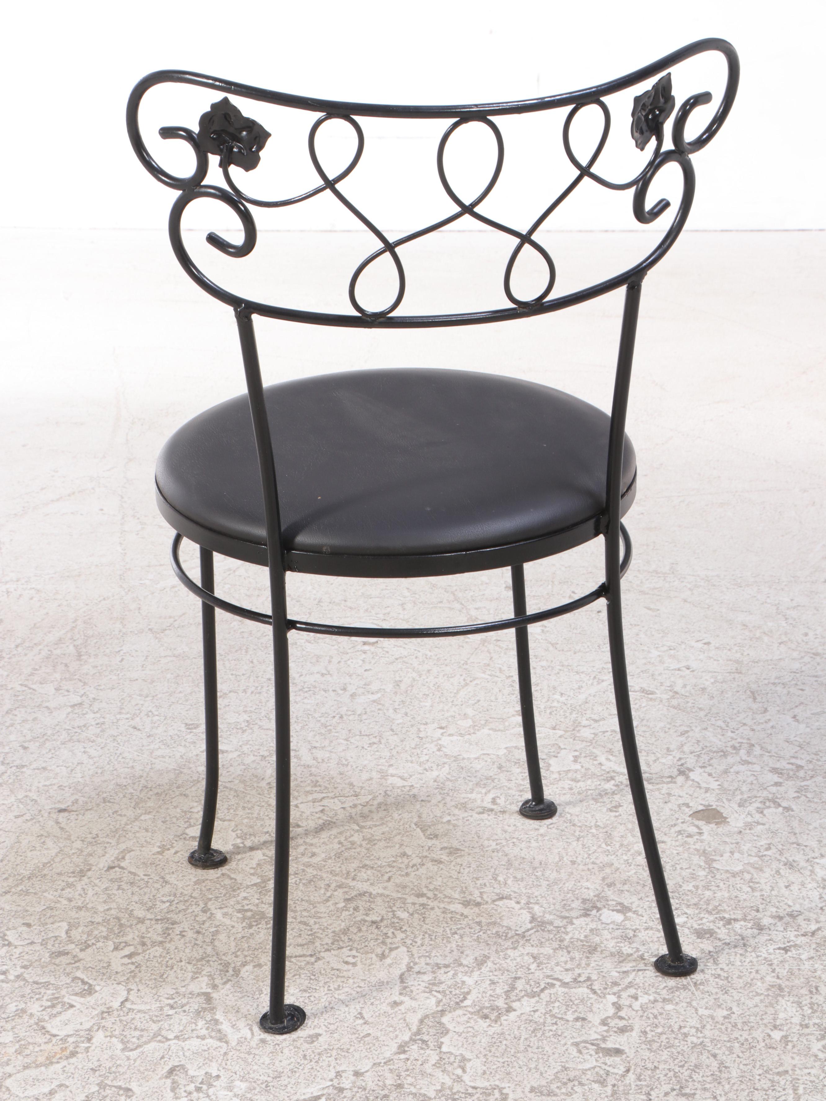 Seven-Piece Black-Painted Iron and Glass Top Patio Dining Set