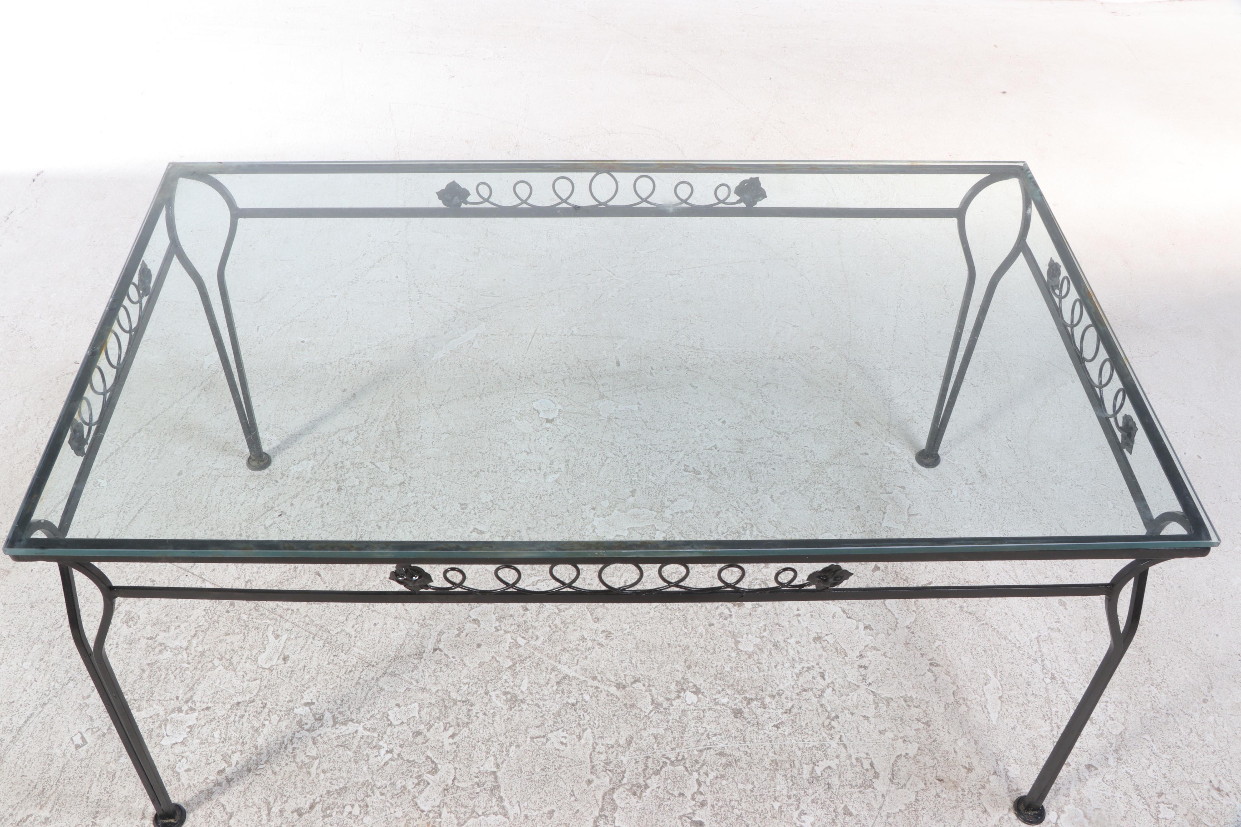 Seven-Piece Black-Painted Iron and Glass Top Patio Dining Set