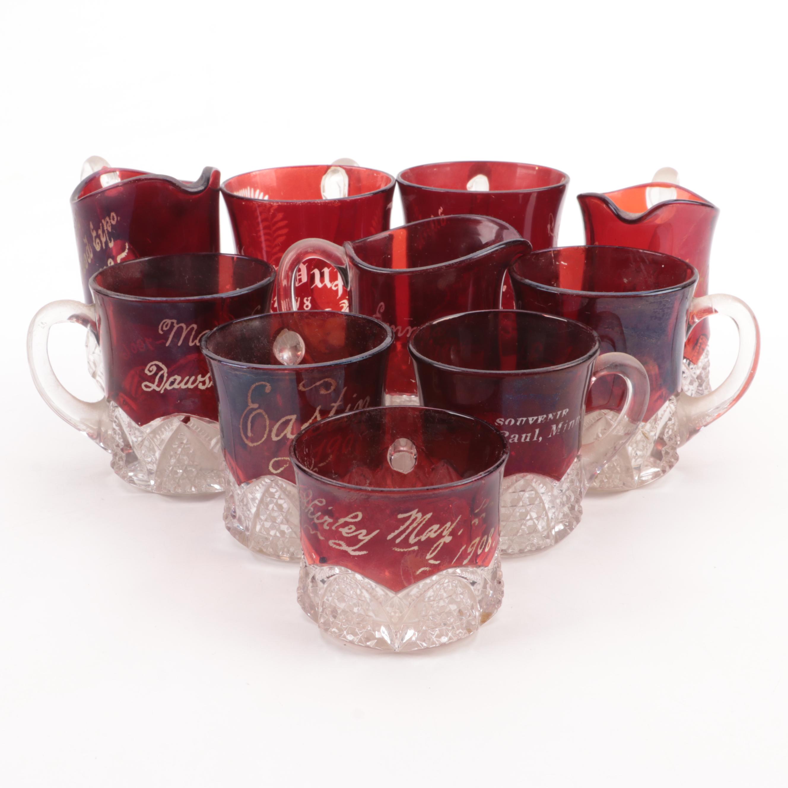Ruby Flashed EAPG Souvenir Mugs and Creamers, Late 19th/ Early 20th C.