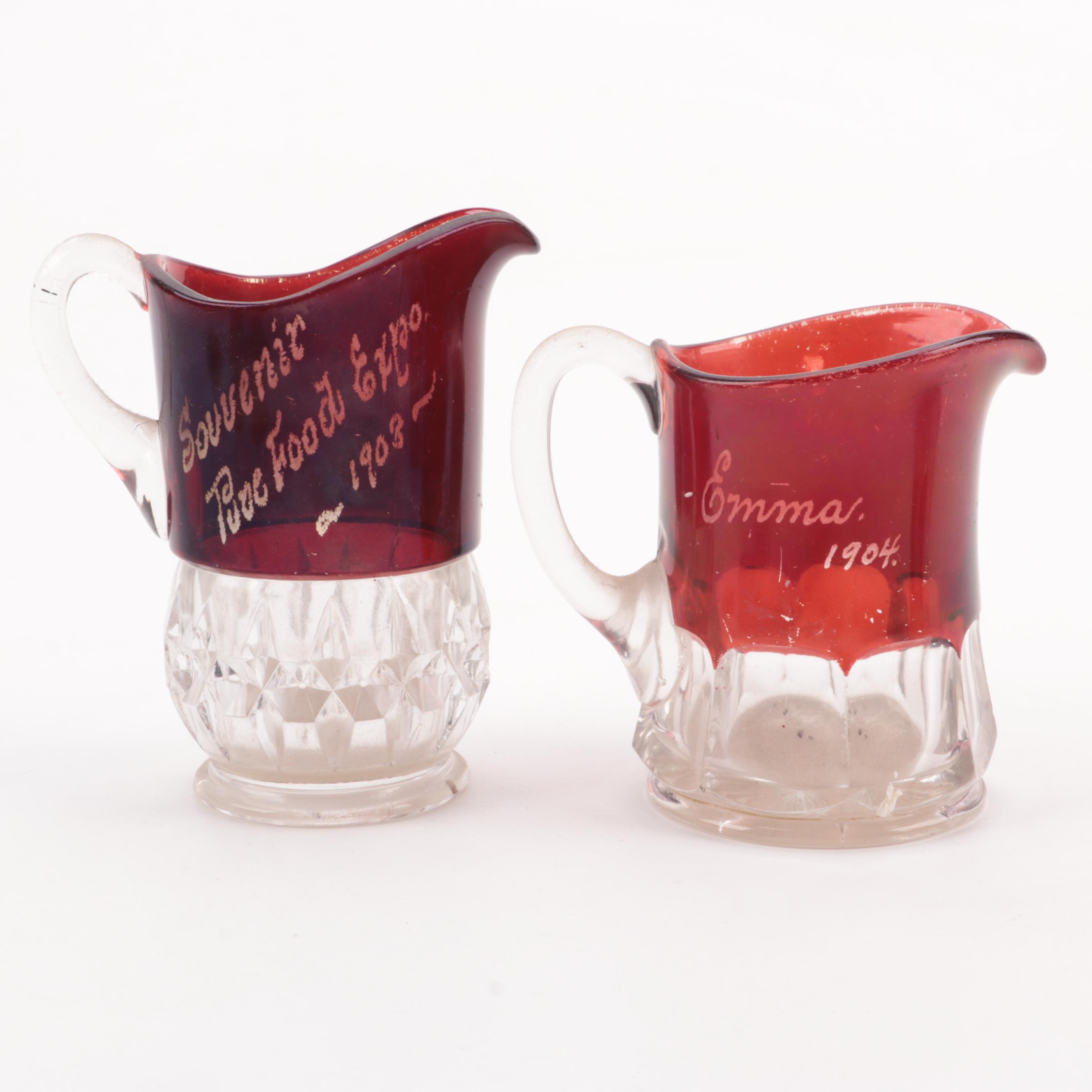 Ruby Flashed EAPG Souvenir Mugs and Creamers, Late 19th/ Early 20th C.