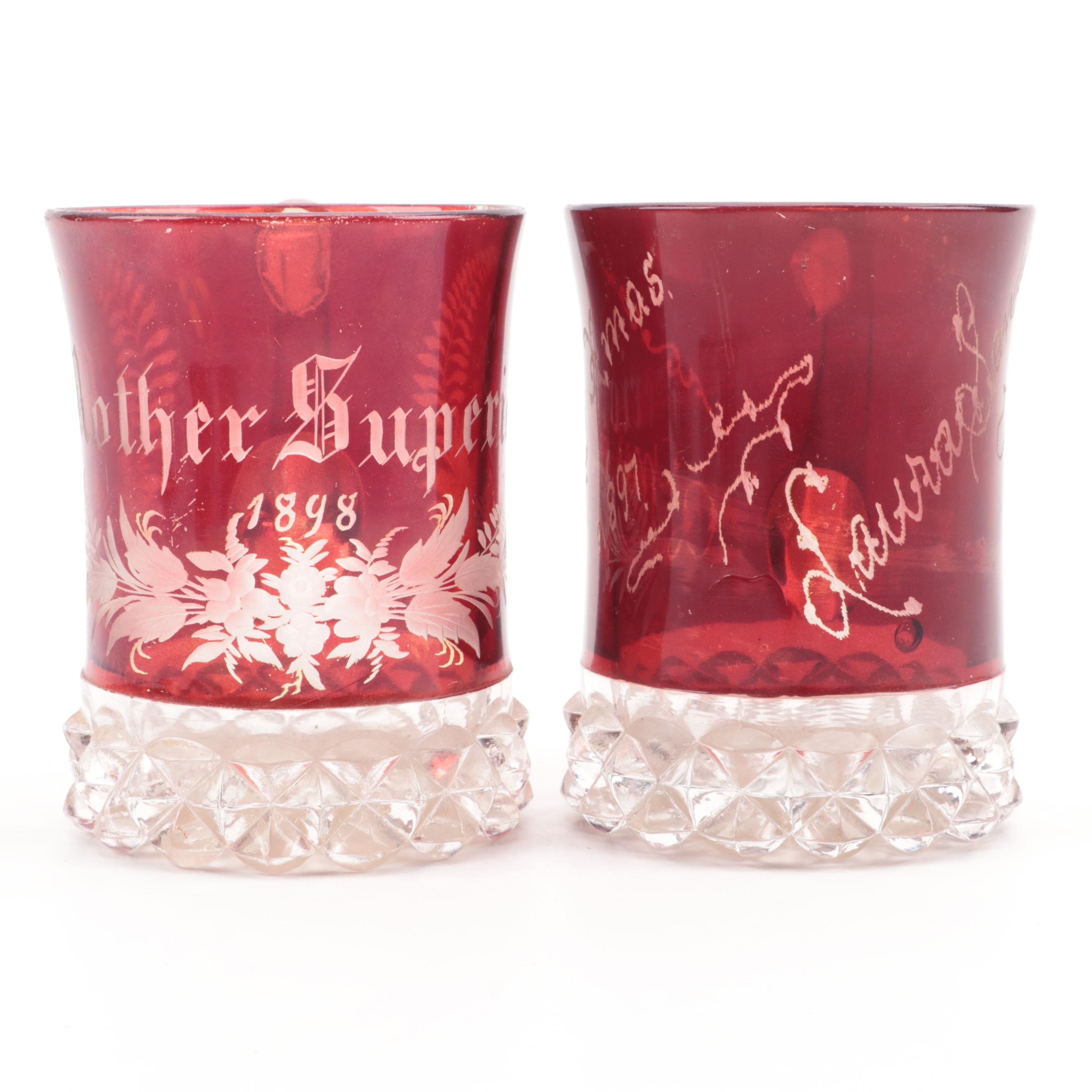 Ruby Flashed EAPG Souvenir Mugs and Creamers, Late 19th/ Early 20th C.