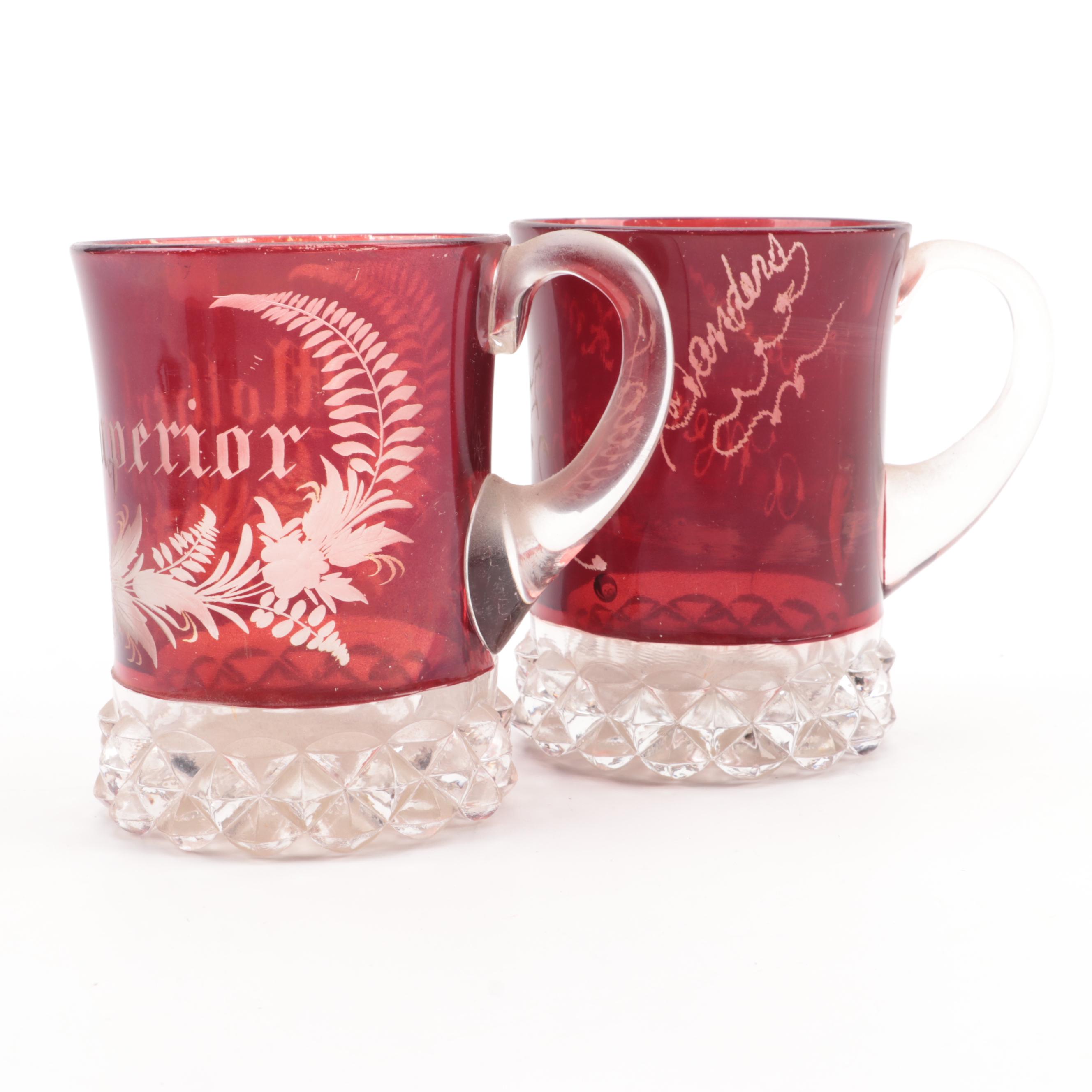 Ruby Flashed EAPG Souvenir Mugs and Creamers, Late 19th/ Early 20th C.