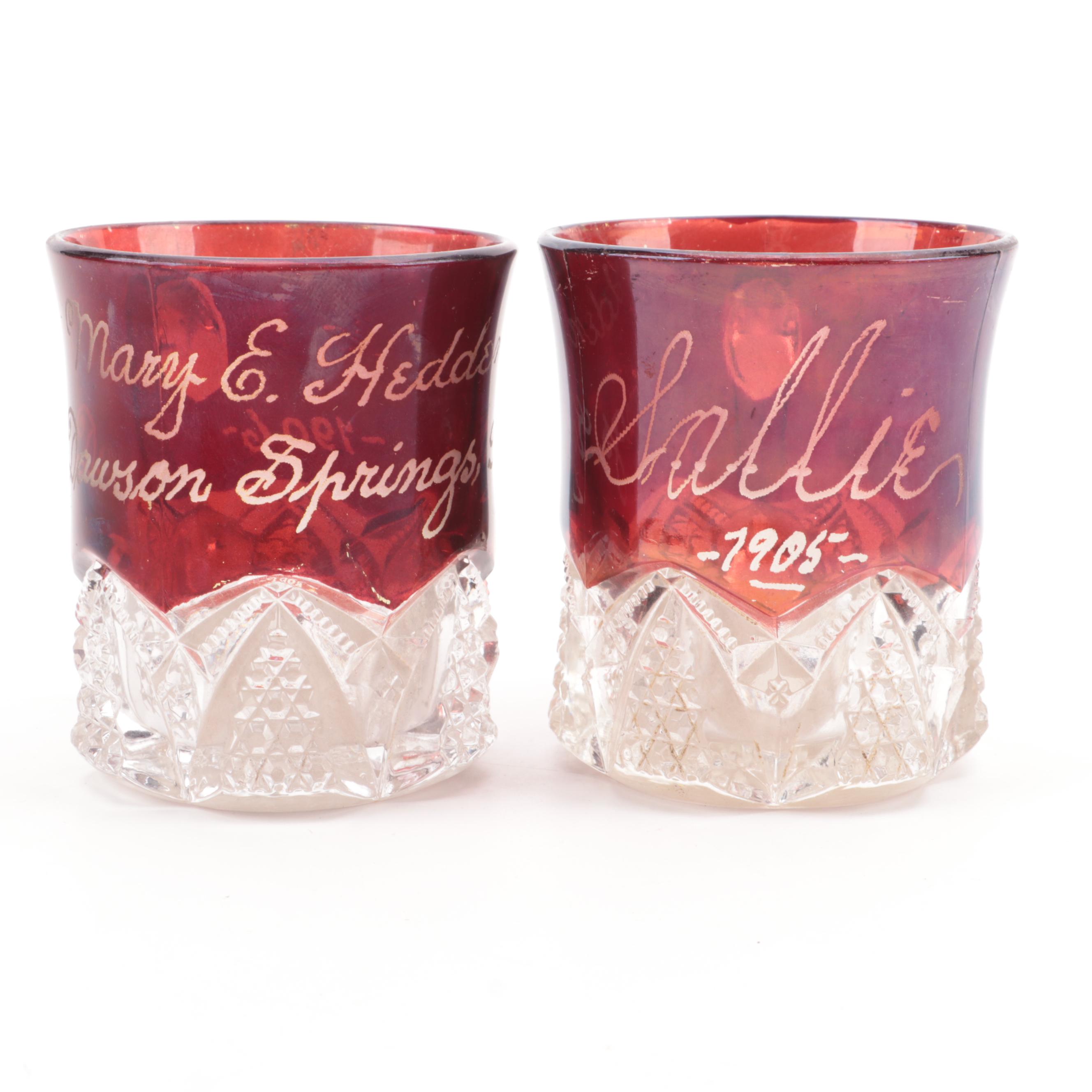 Ruby Flashed EAPG Souvenir Mugs and Creamers, Late 19th/ Early 20th C.