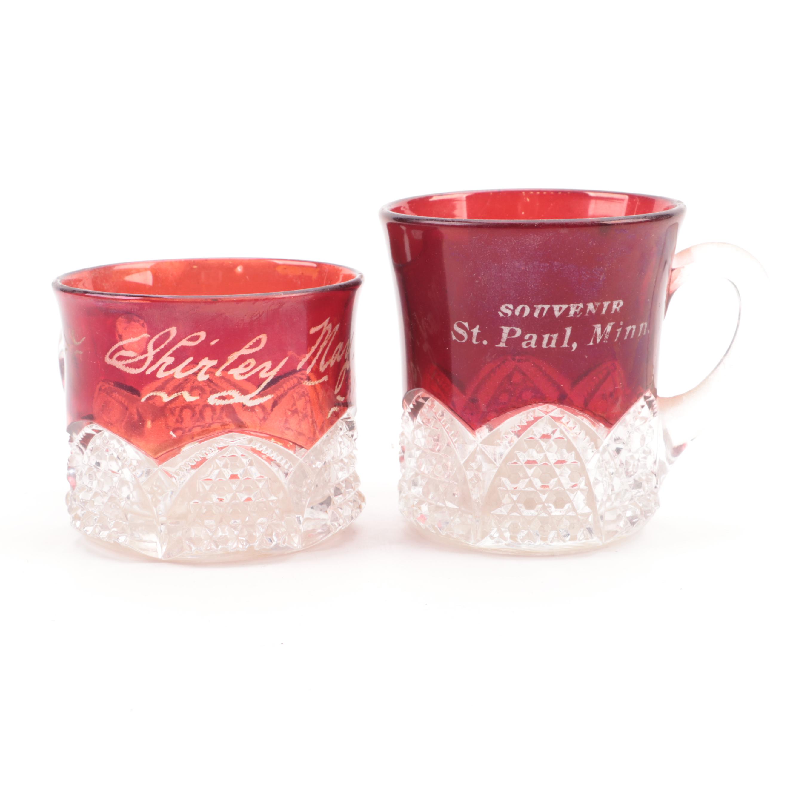 Ruby Flashed EAPG Souvenir Mugs and Creamers, Late 19th/ Early 20th C.